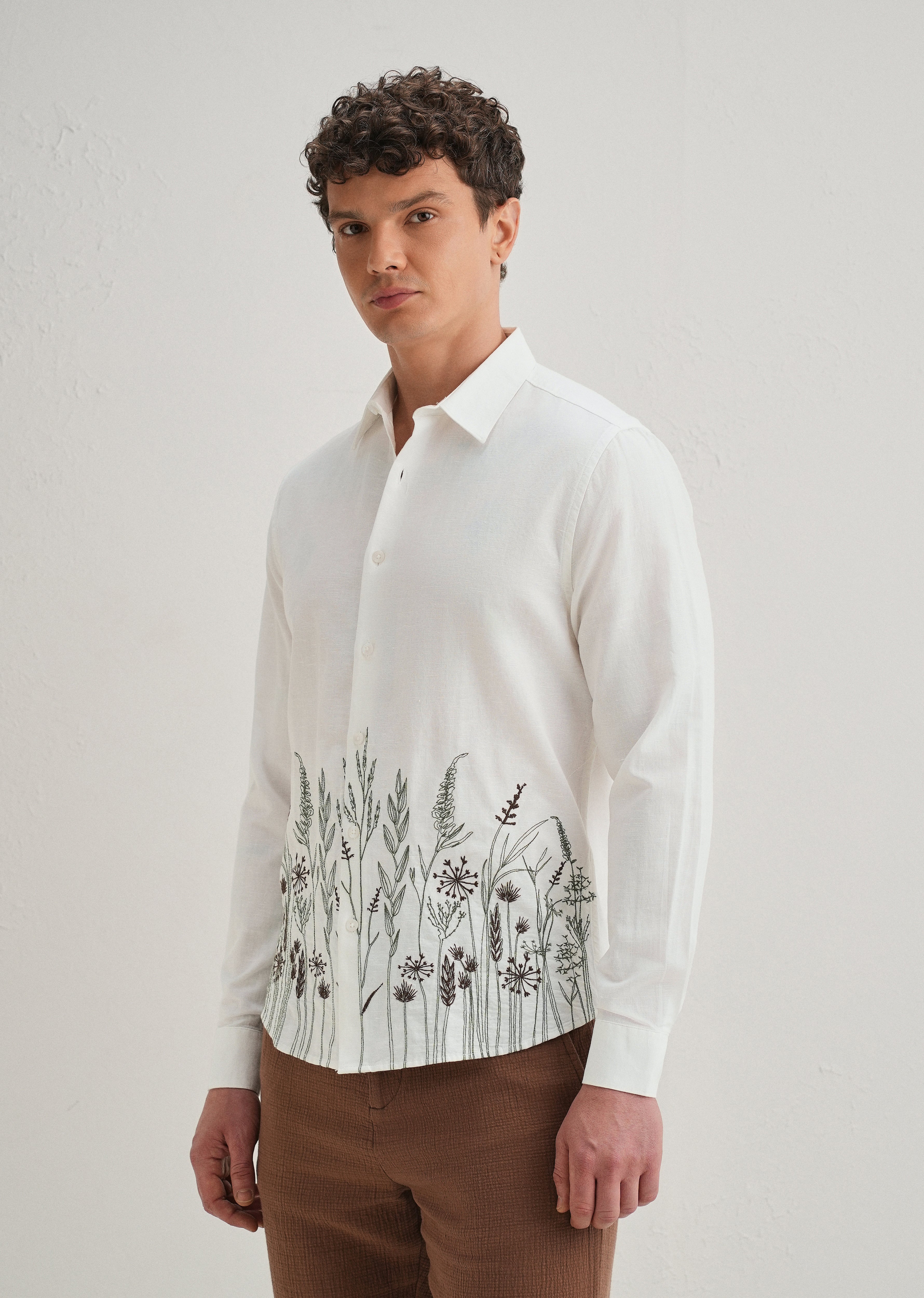 White Hem Embroidery Cotton Linen Shirt