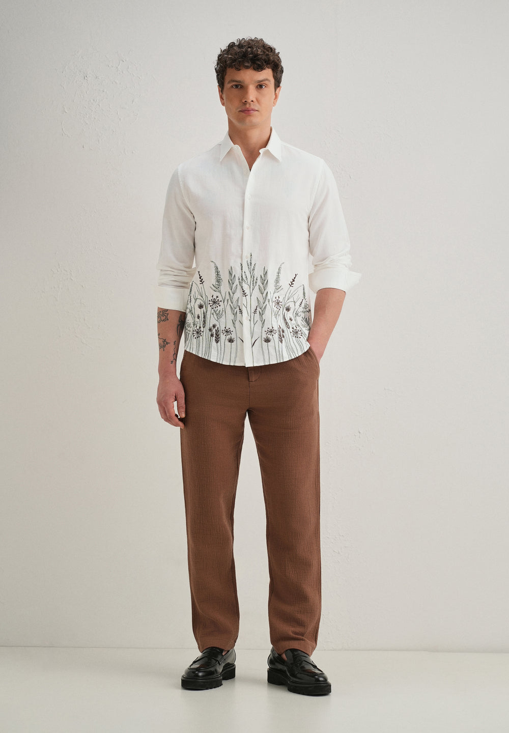 White Hem Embroidery Cotton Linen Shirt