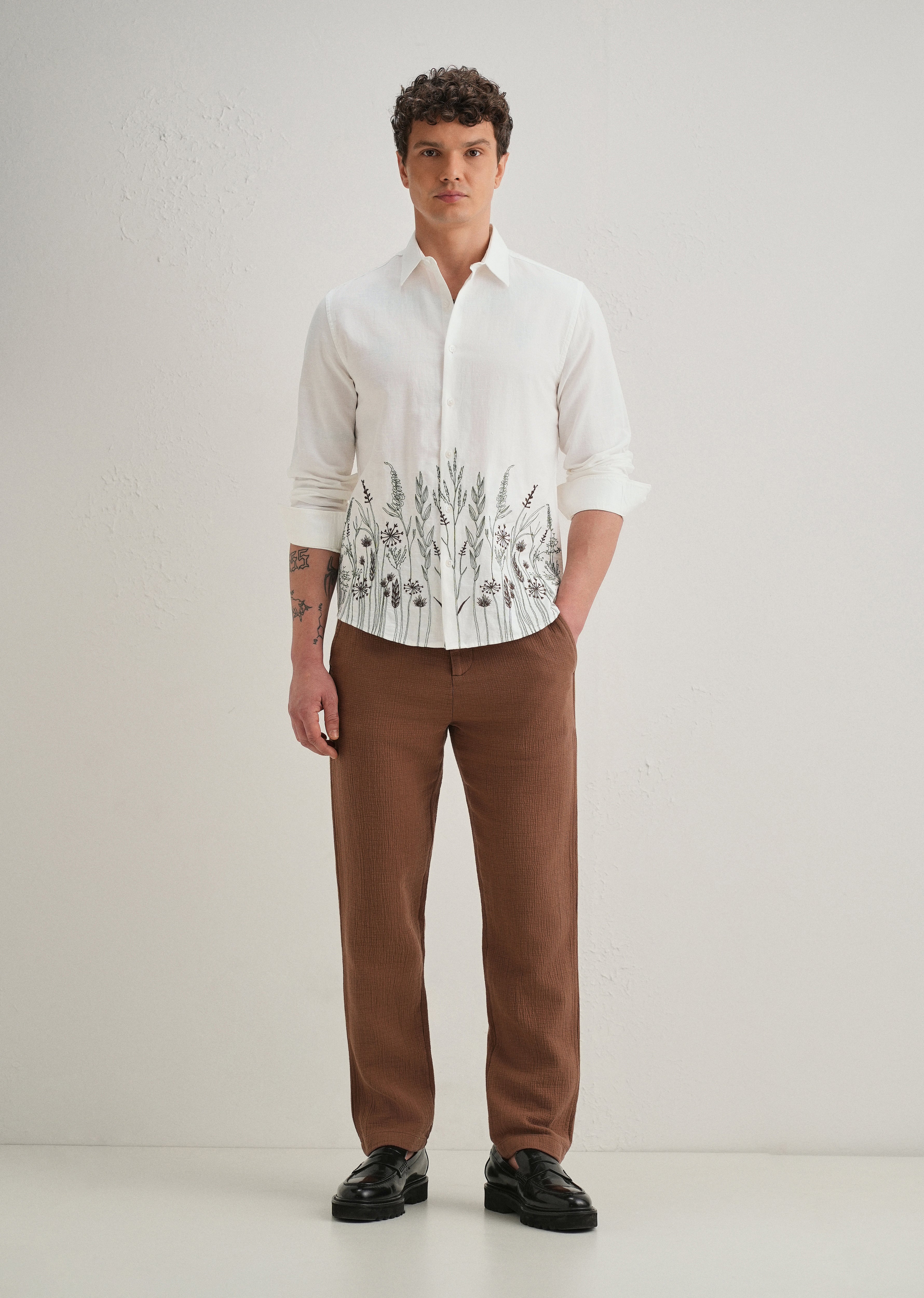 White Hem Embroidery Cotton Linen Shirt
