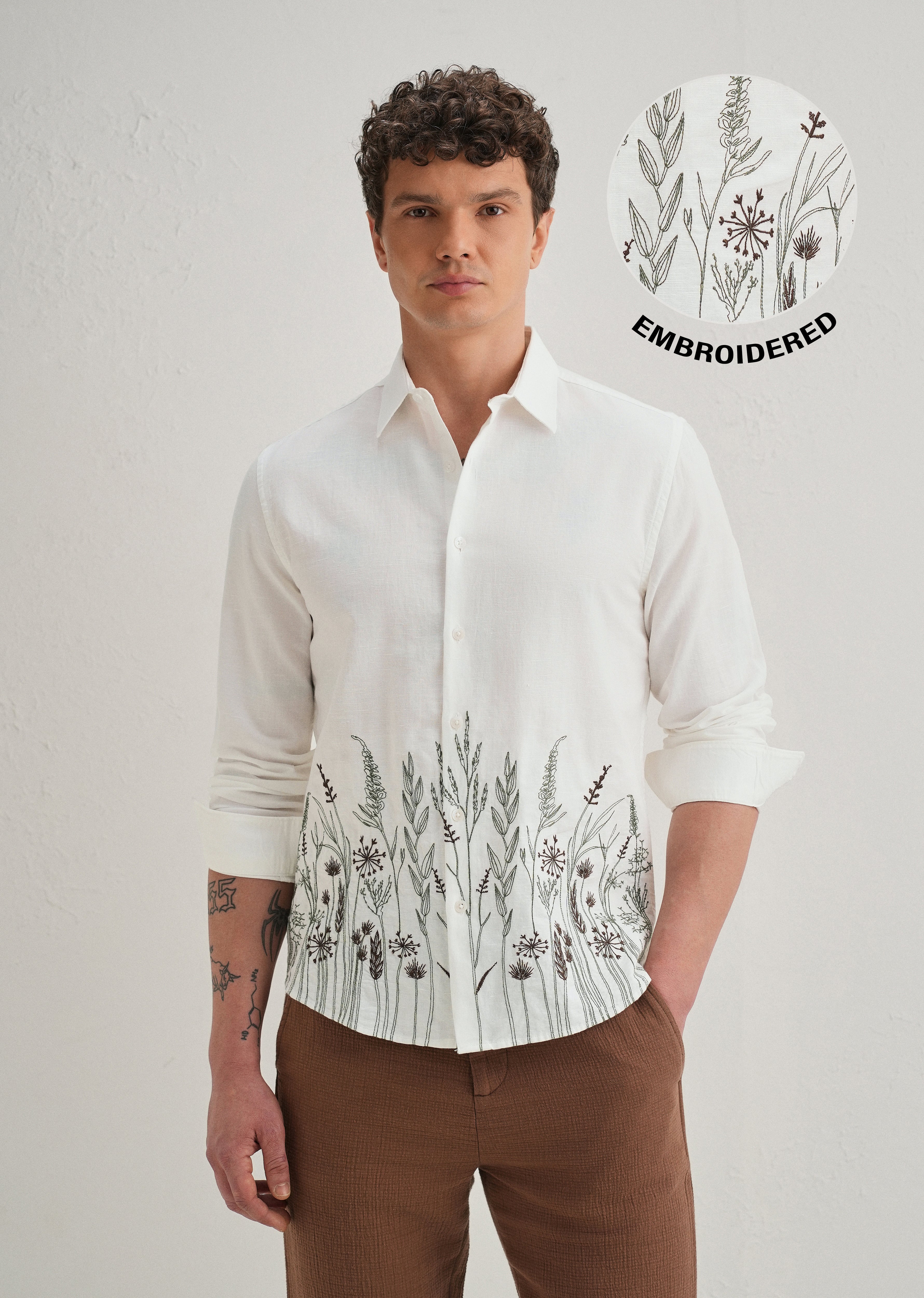 White Hem Embroidery Cotton Linen Shirt