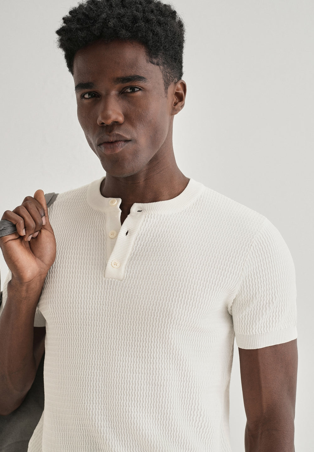 White Henley Neck Knitted T-shirt
