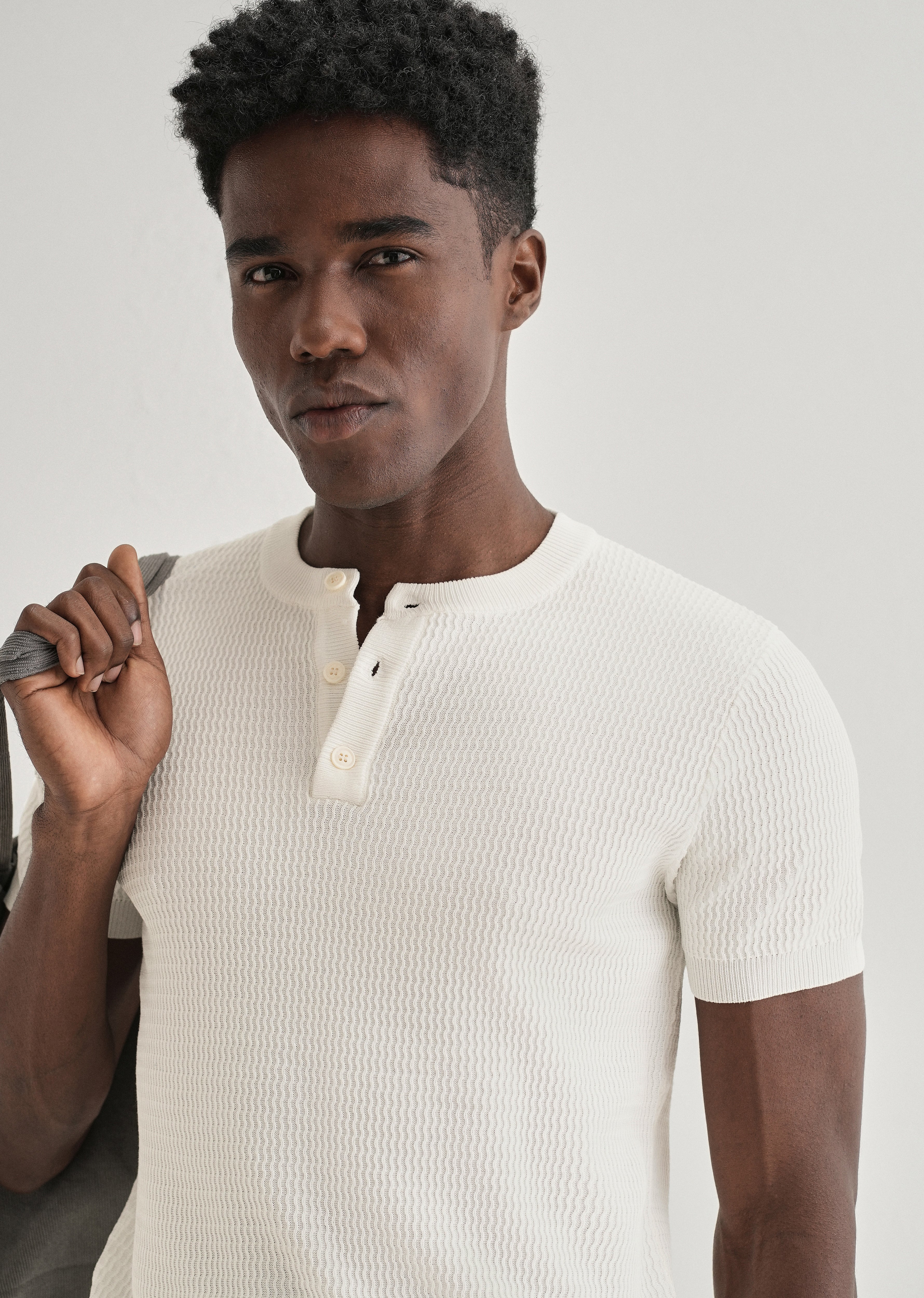 White Henley Neck Knitted T-shirt
