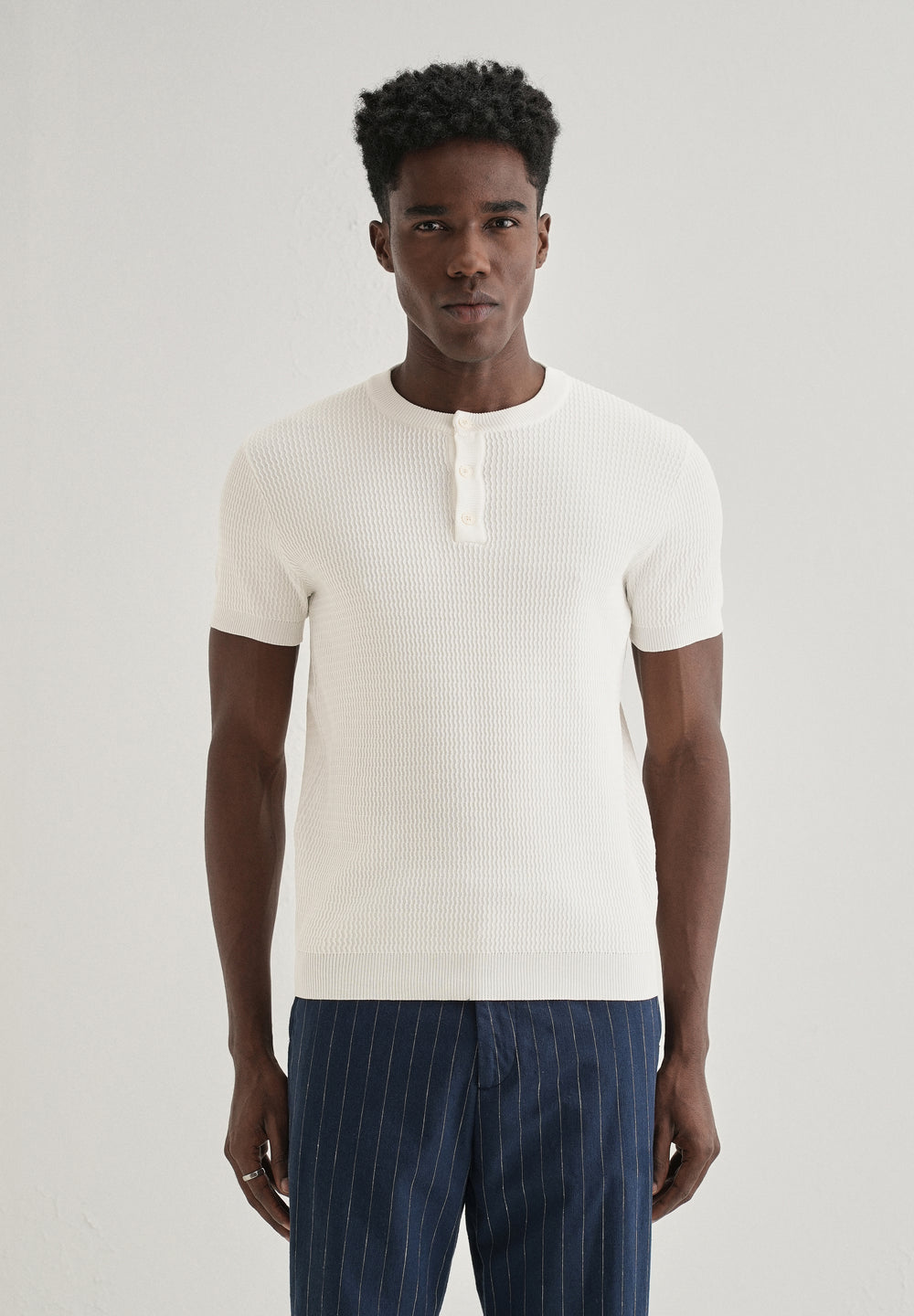 White Henley Neck Knitted T-shirt