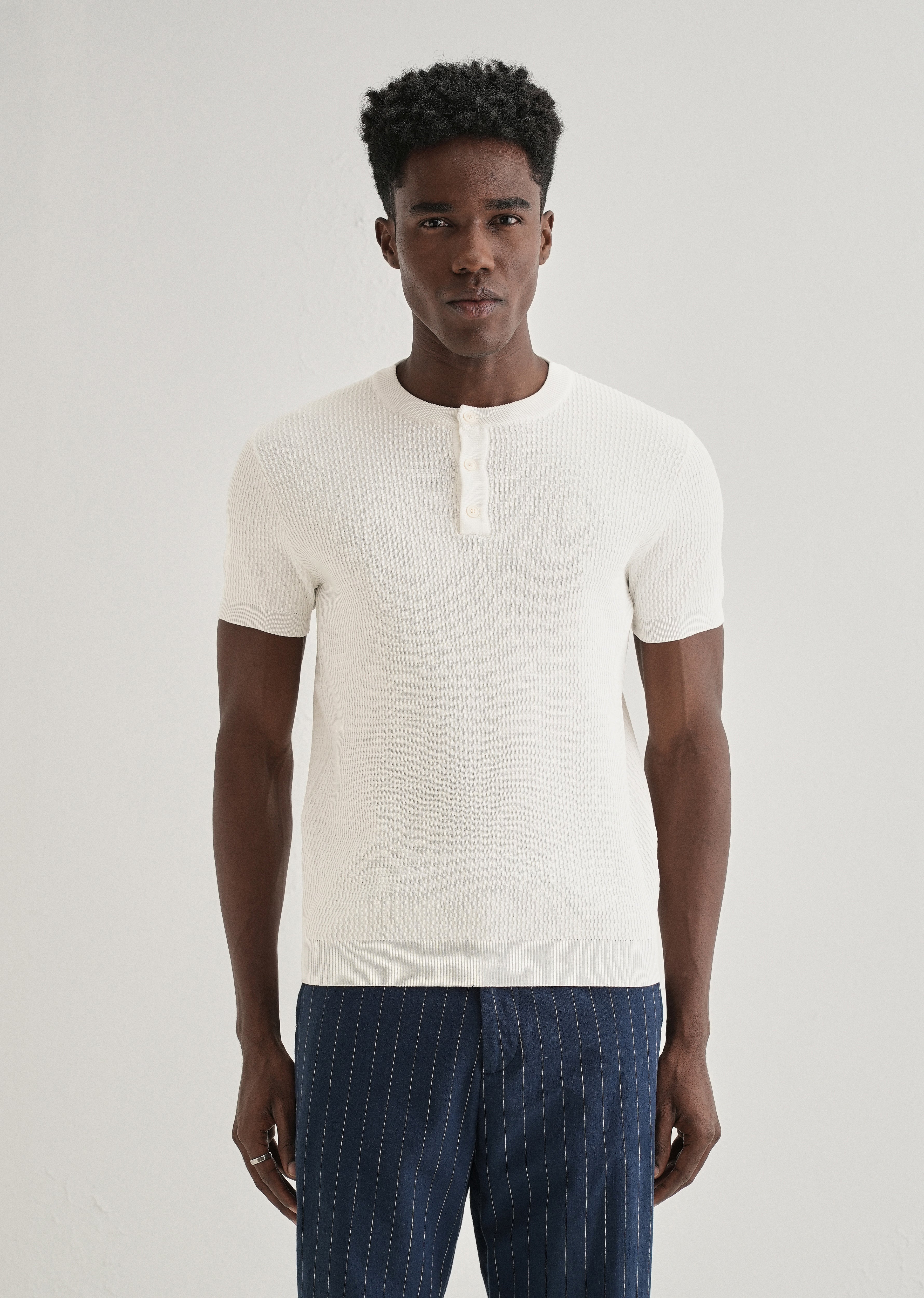 White Henley Neck Knitted T-shirt