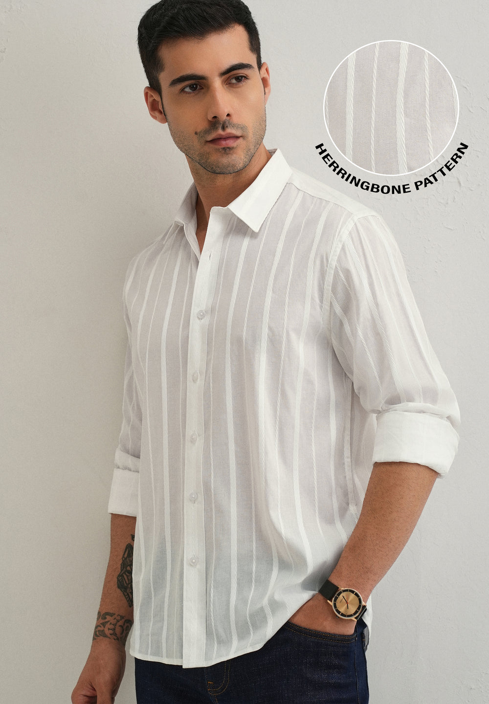 White Herringbone Pattern Shirt
