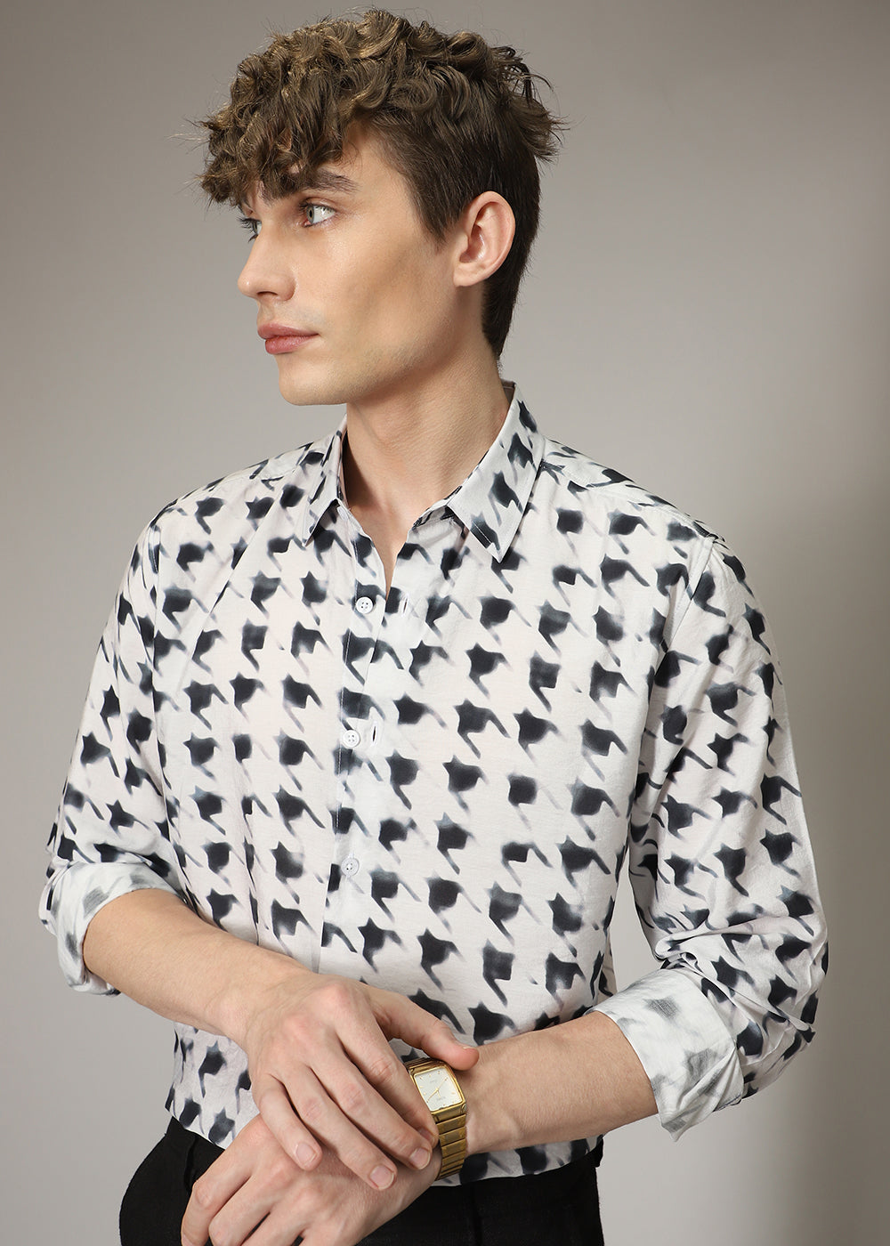 White Herringbone Print Shirt