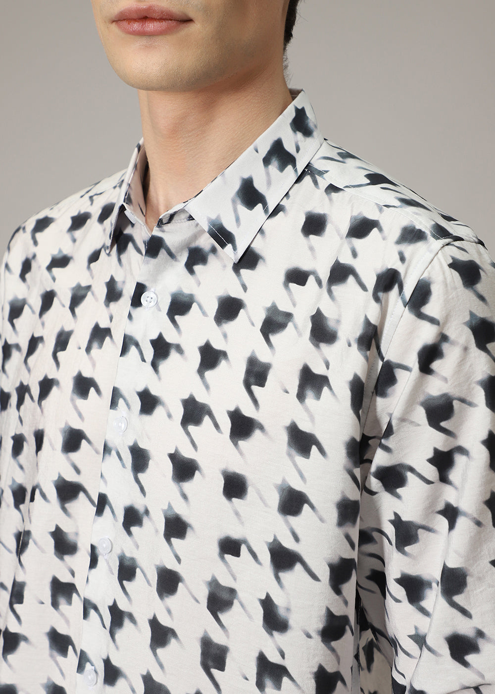 White Herringbone Print Shirt