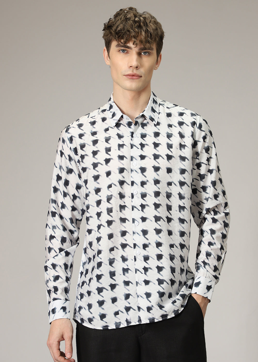 White Herringbone Print Shirt