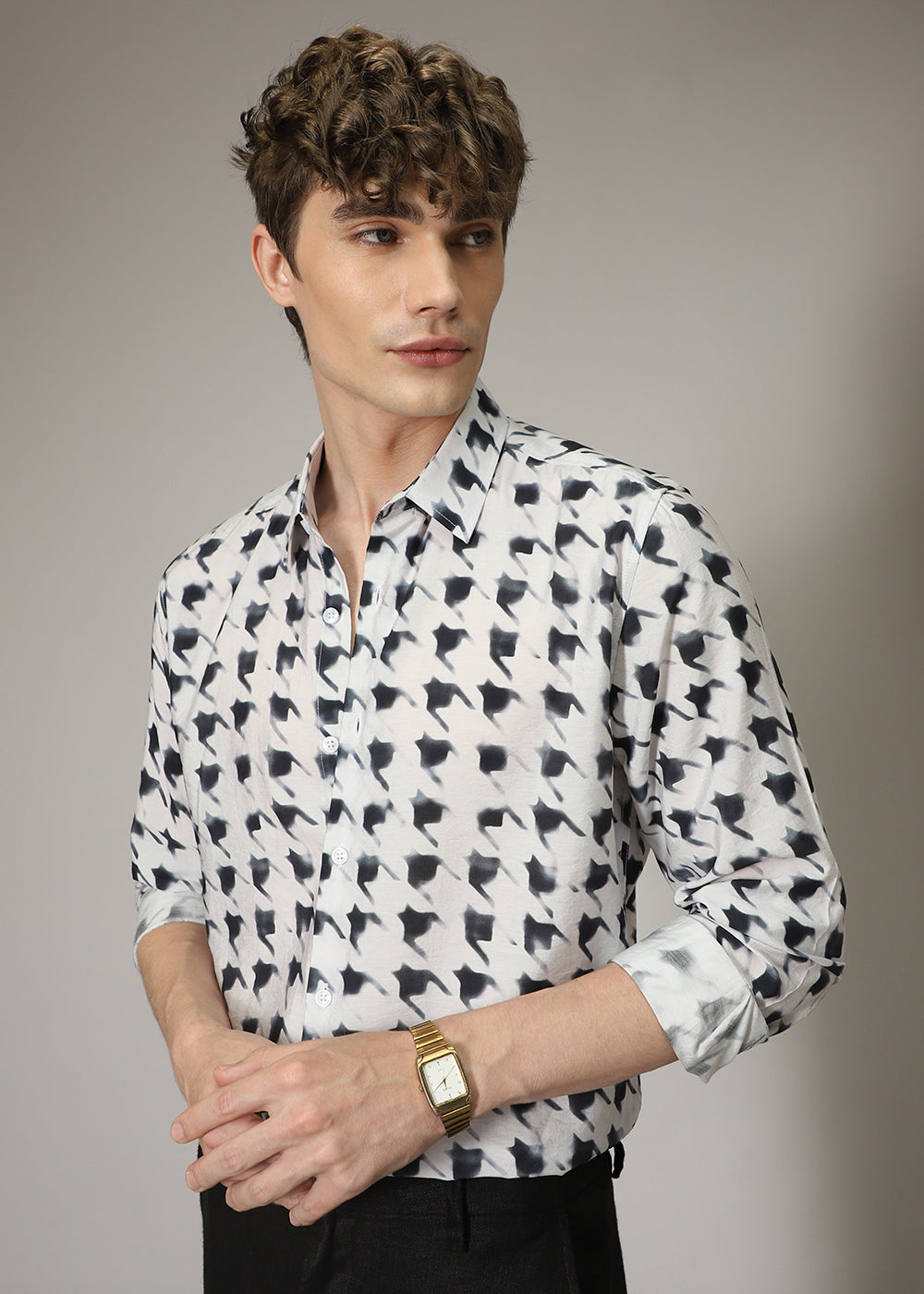 White Herringbone Print Shirt