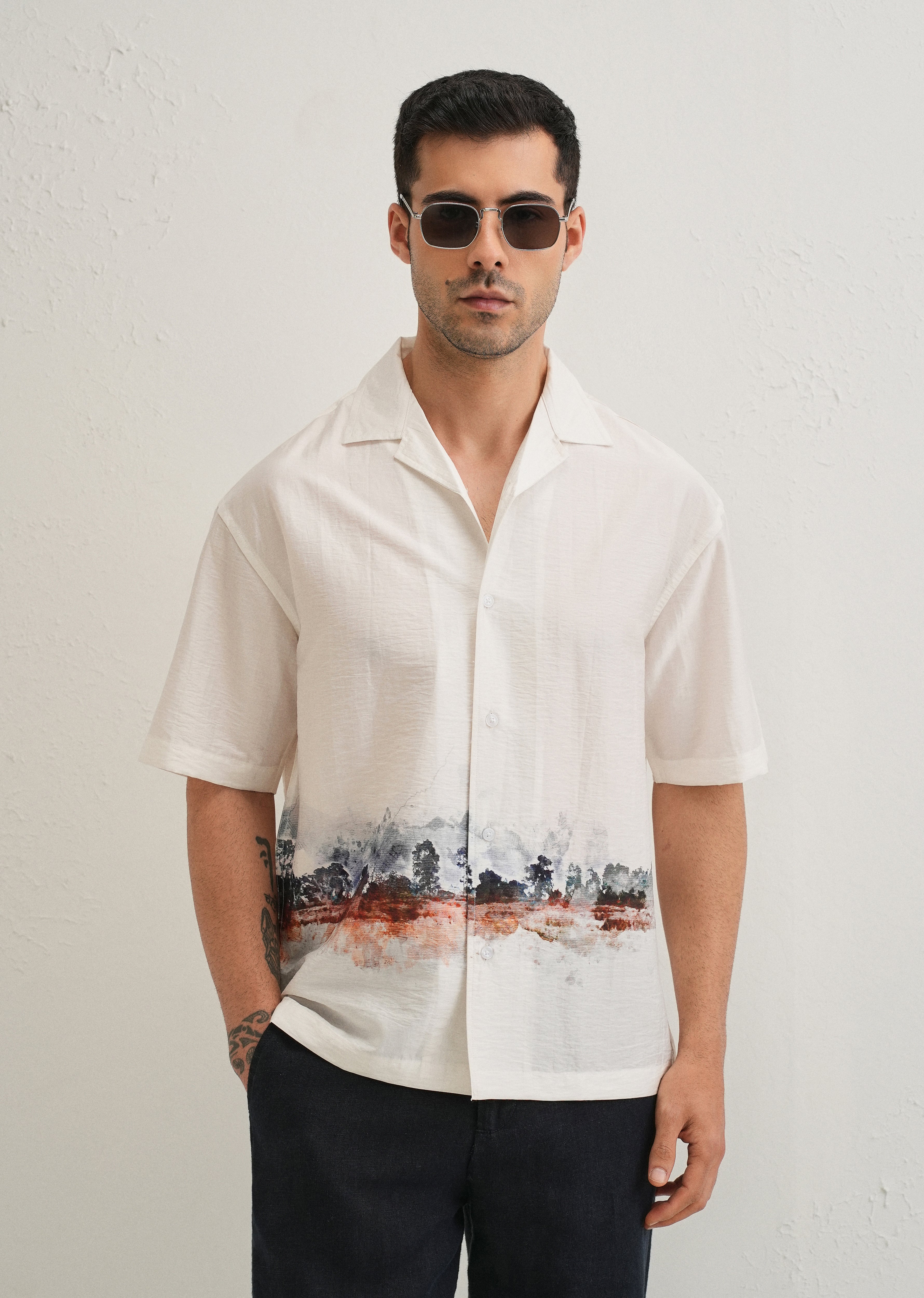White Ink Wash Placement Print Shirt