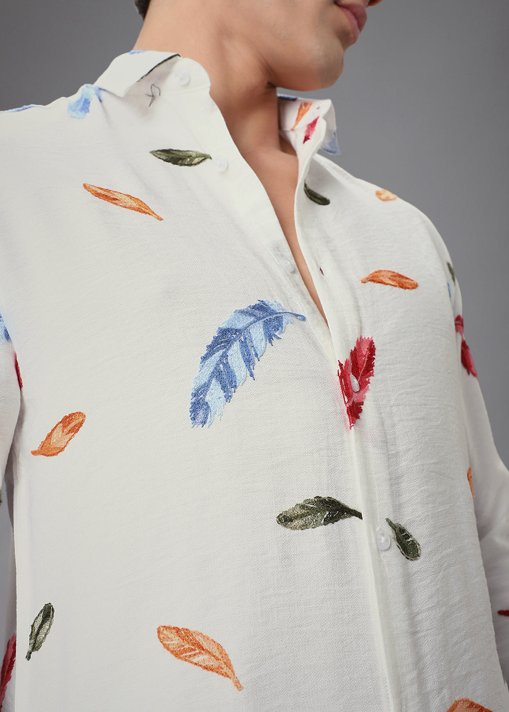 White Leaf Embroidery Shirt