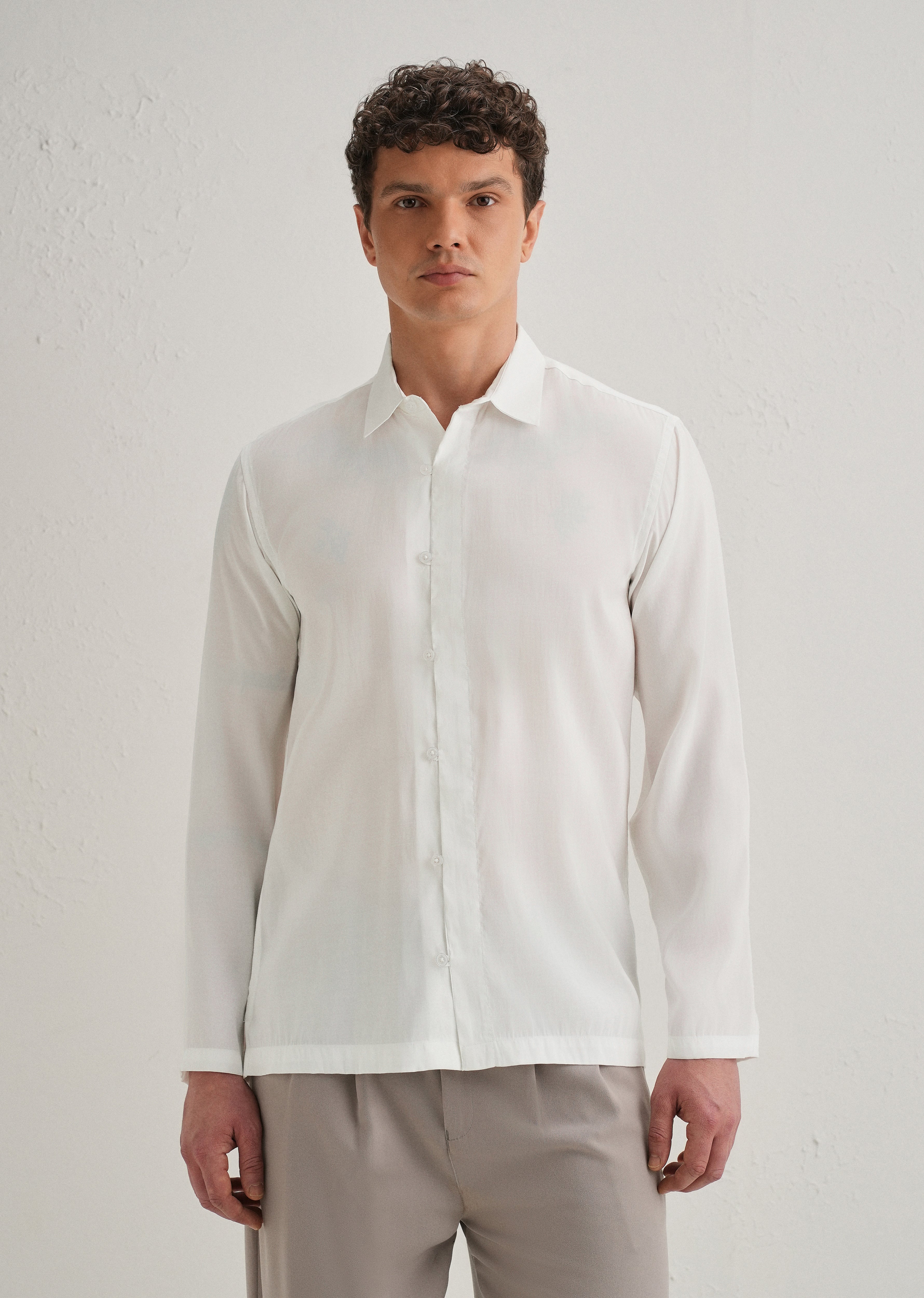 White Loop Button-Down Plain Shirt