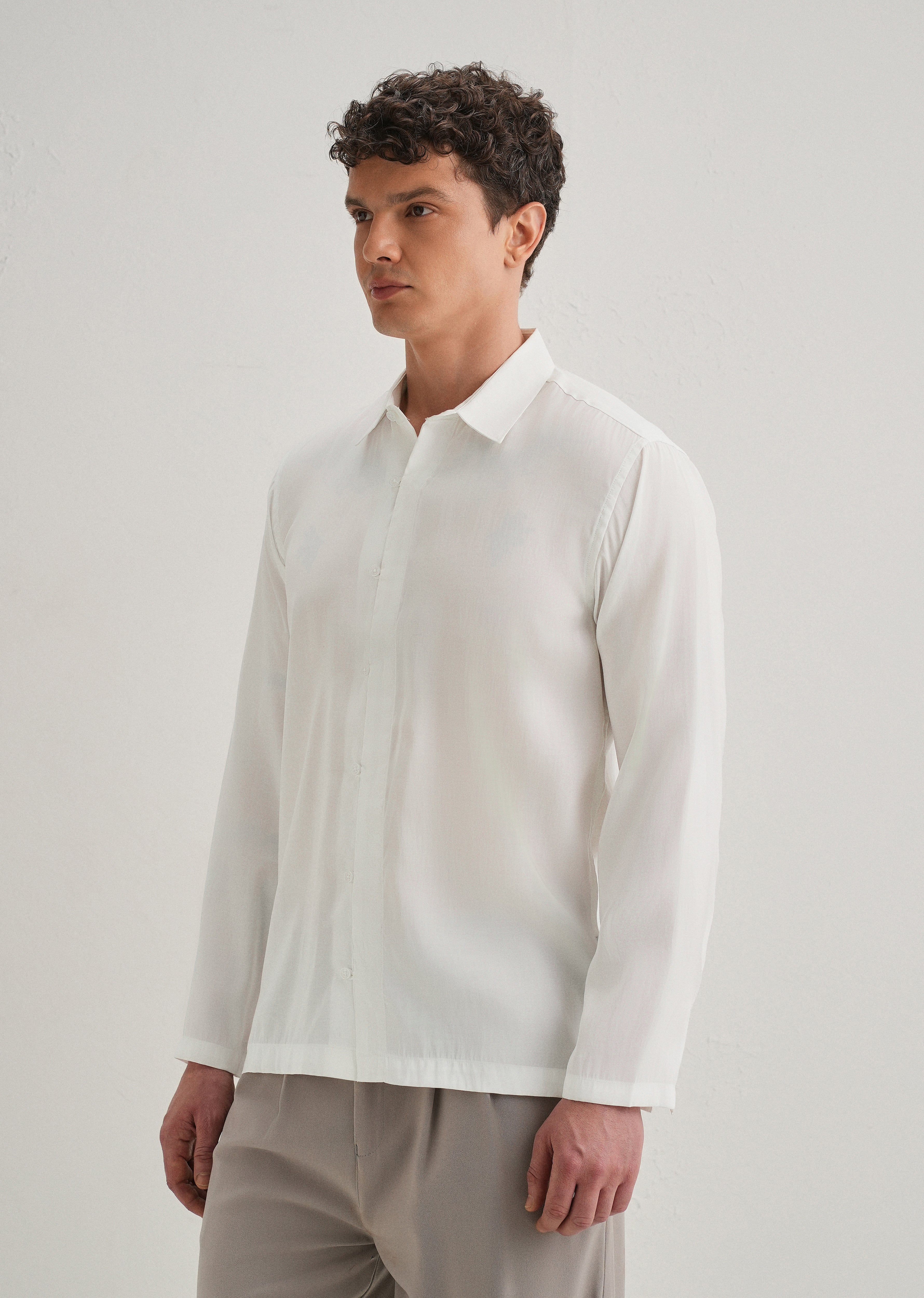 White Loop Button-Down Plain Shirt