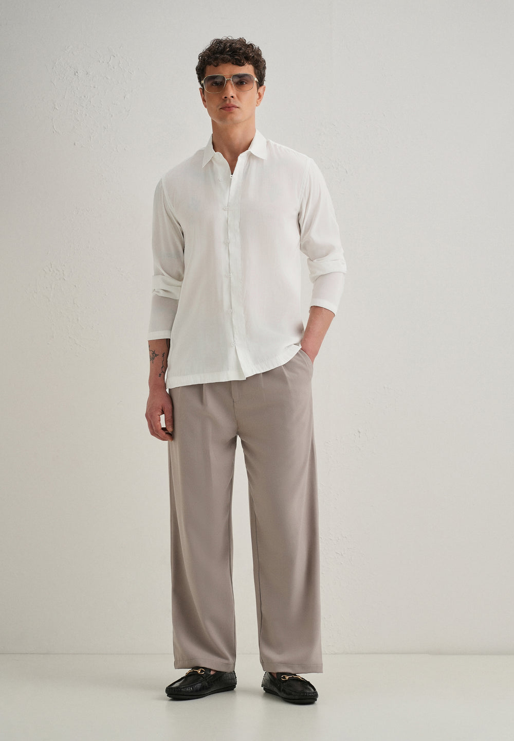 White Loop Button-Down Plain Shirt