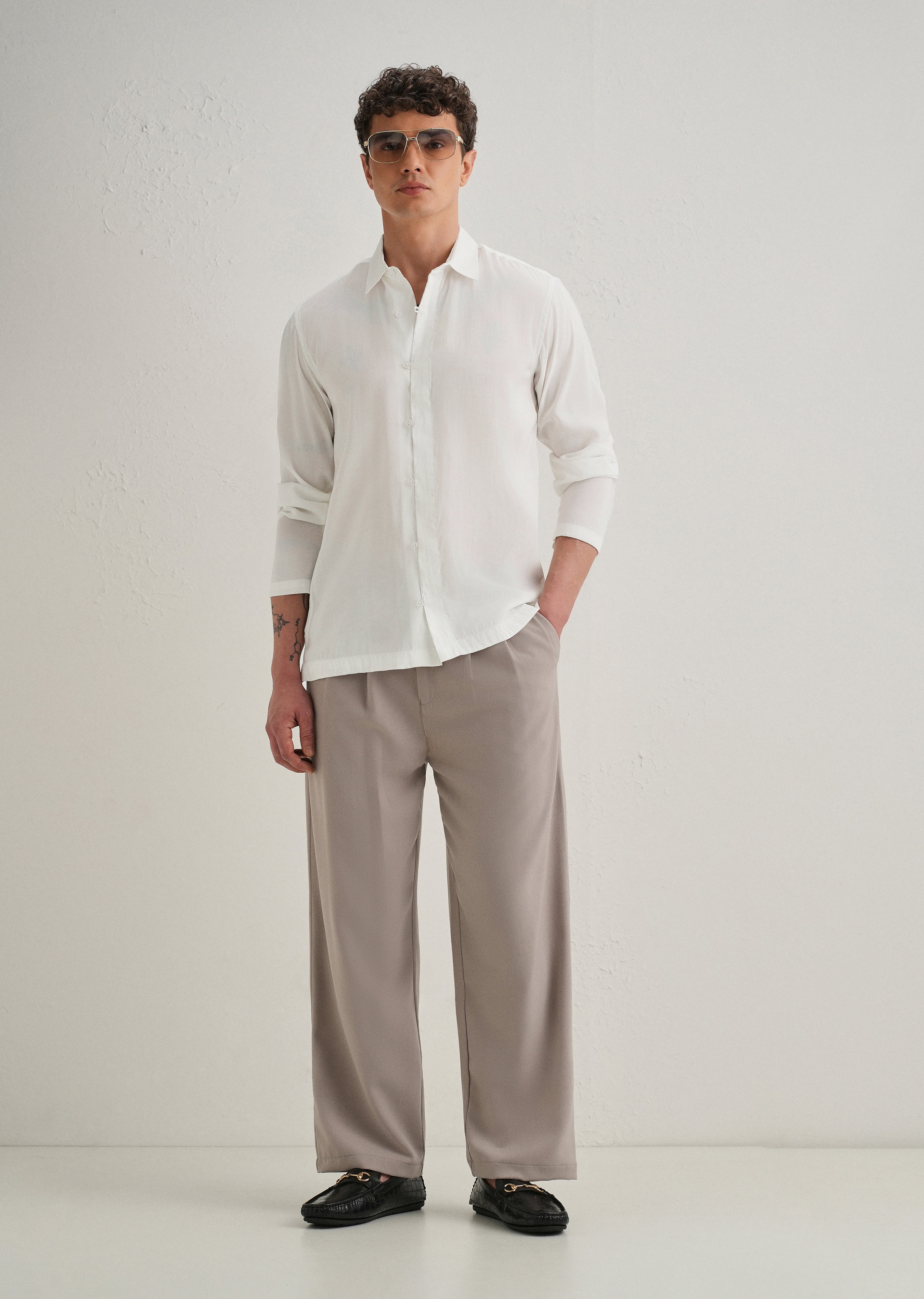 White Loop Button-Down Plain Shirt