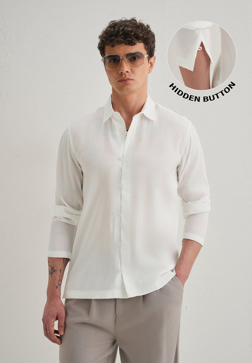 White Loop Button-Down Plain Shirt