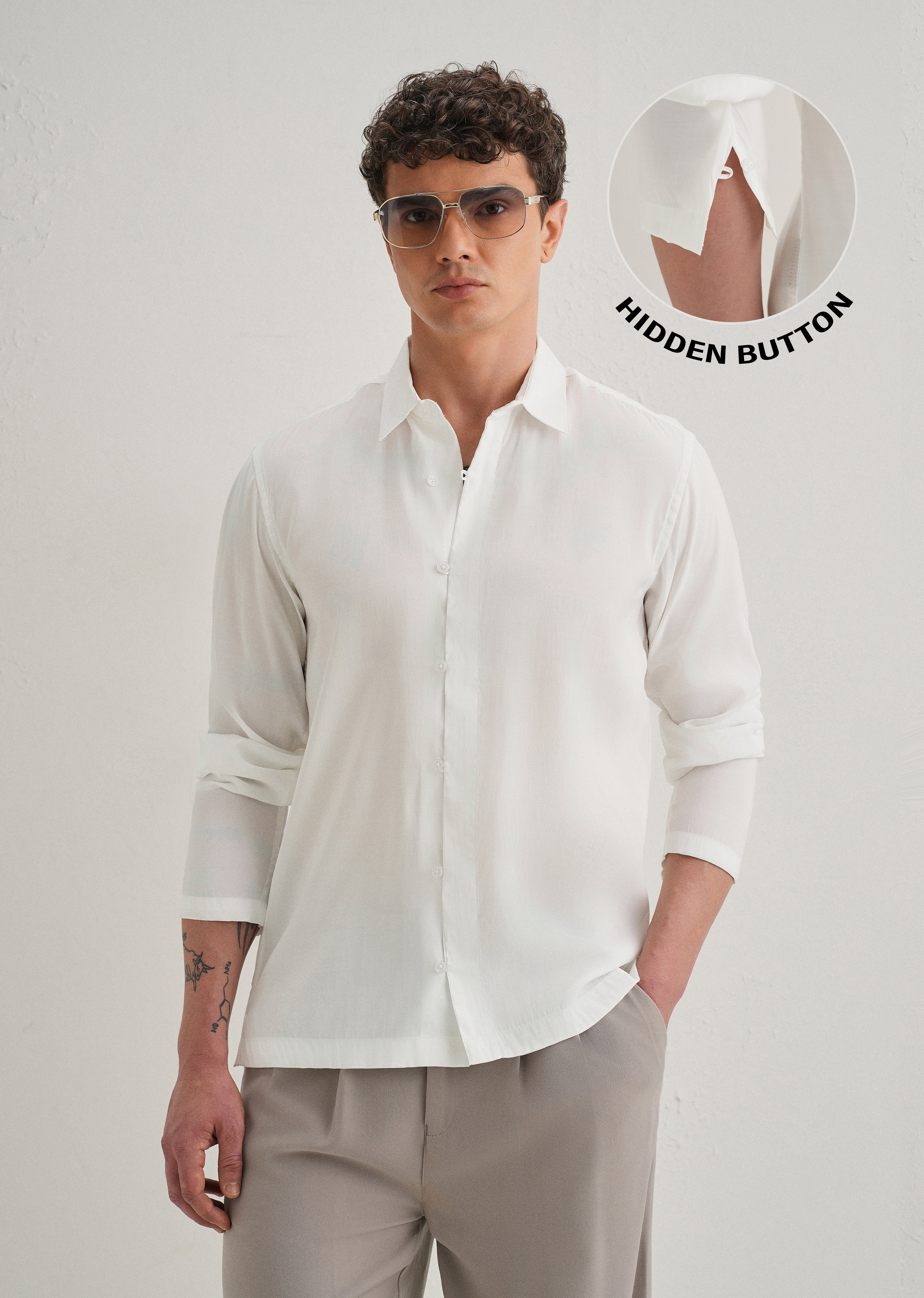 White Loop Button-Down Plain Shirt
