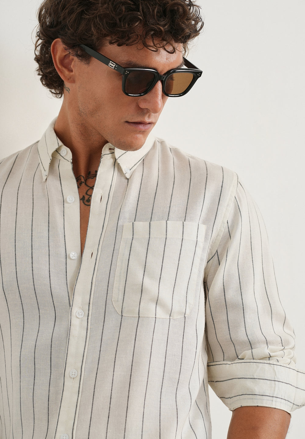 White Lyocell Linen Stripe Shirt