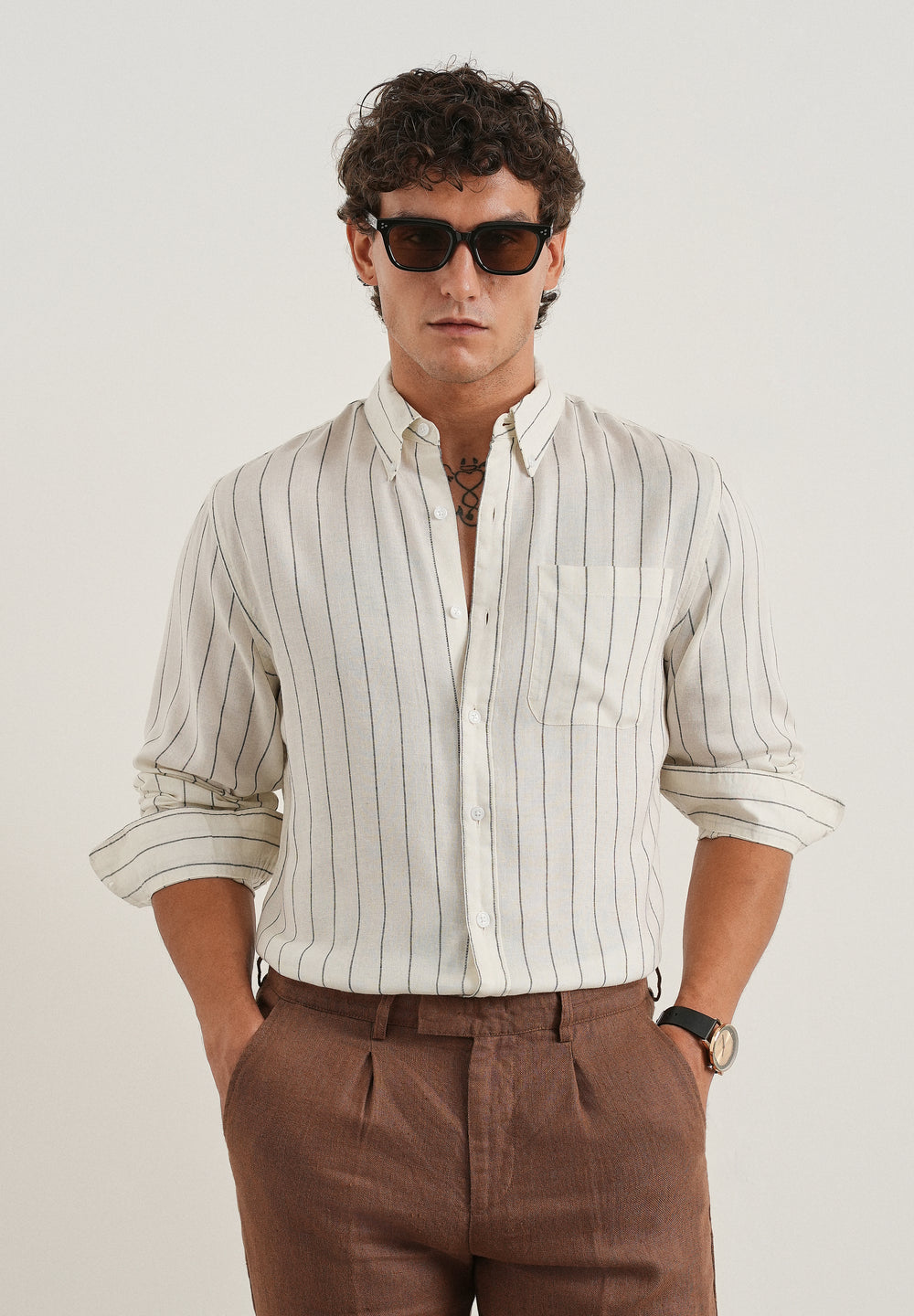 White Lyocell Linen Stripe Shirt