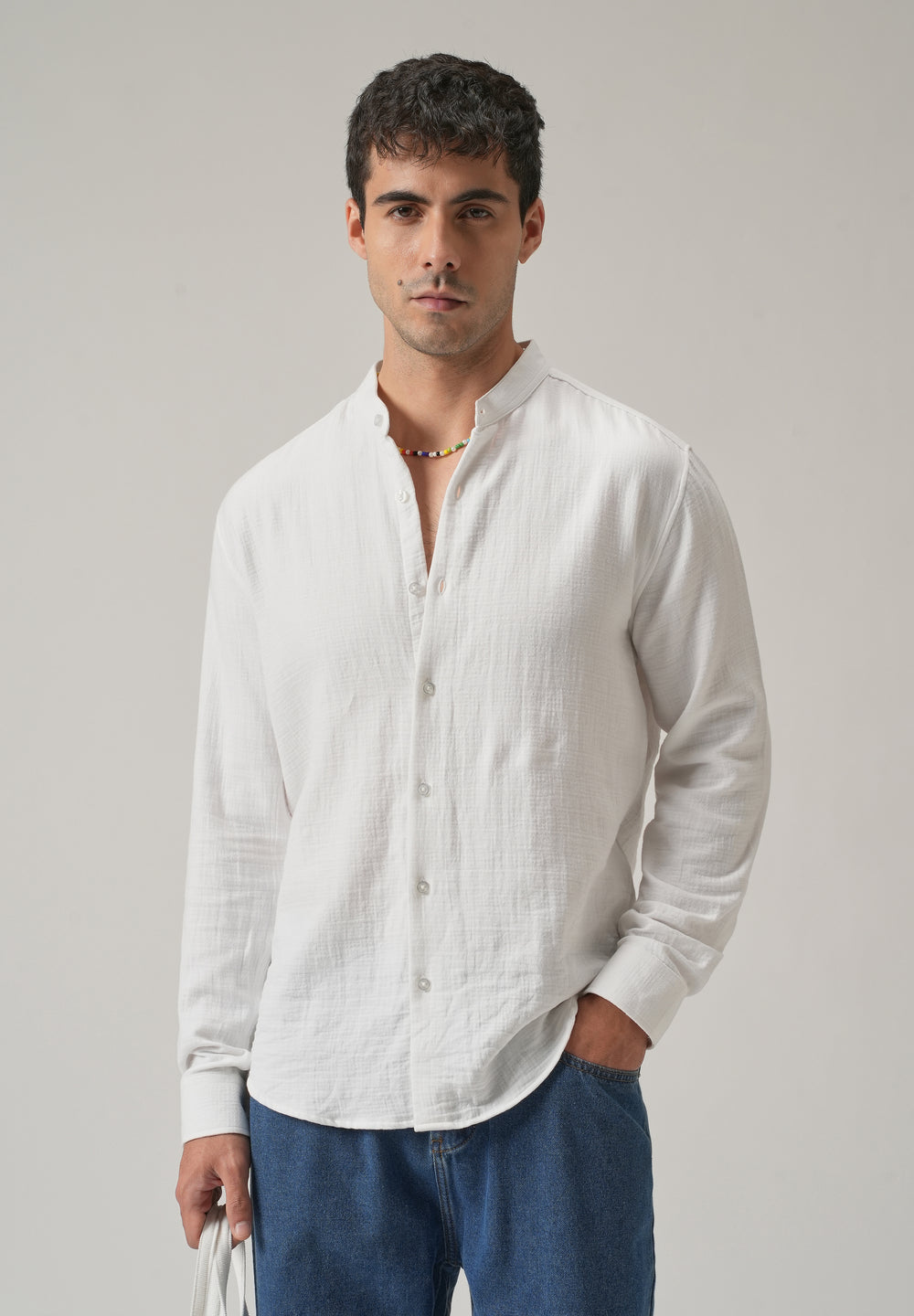 White Plain Mandarin Collar Cotton Shirt