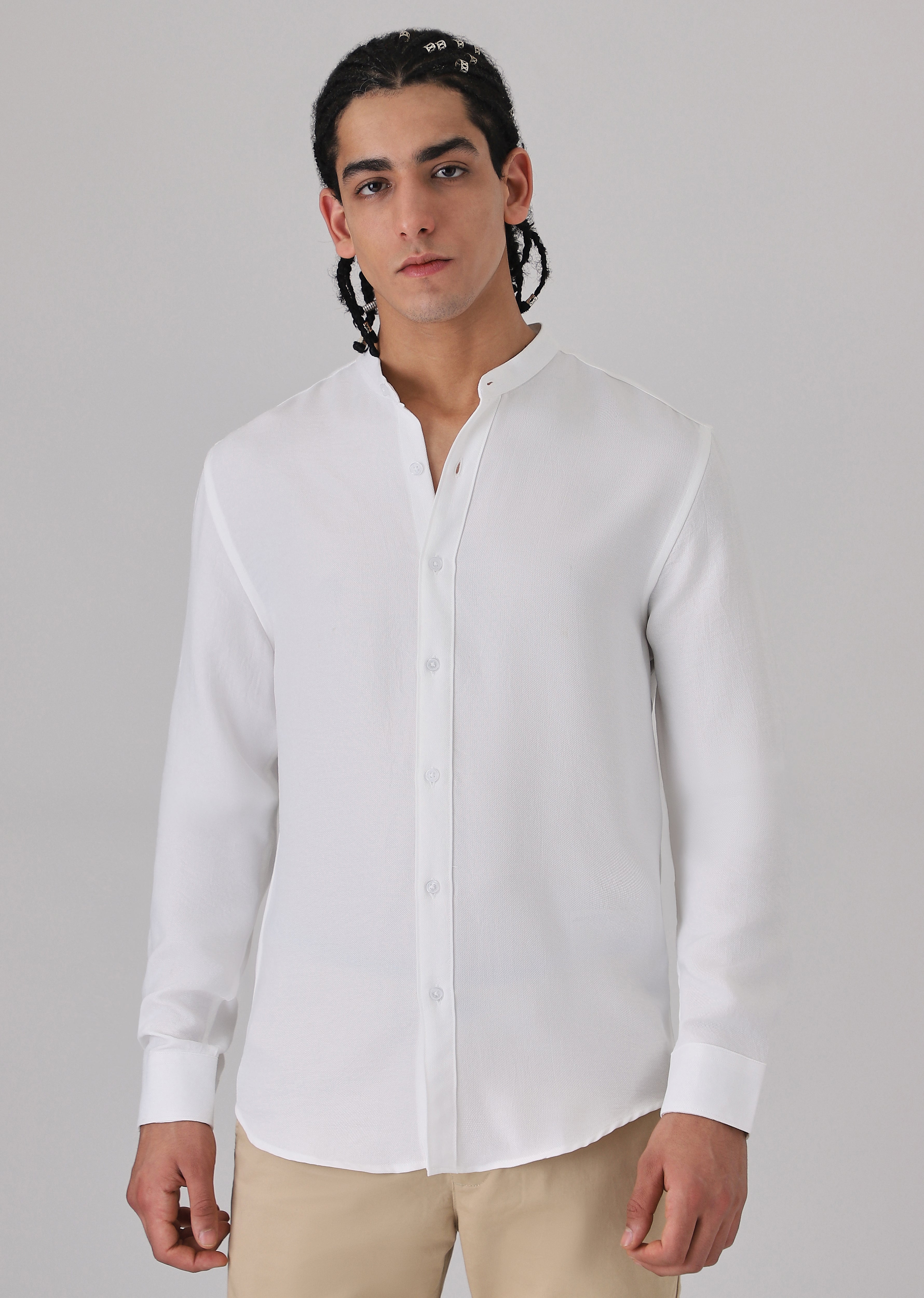 White Mandarin Collar Shirt