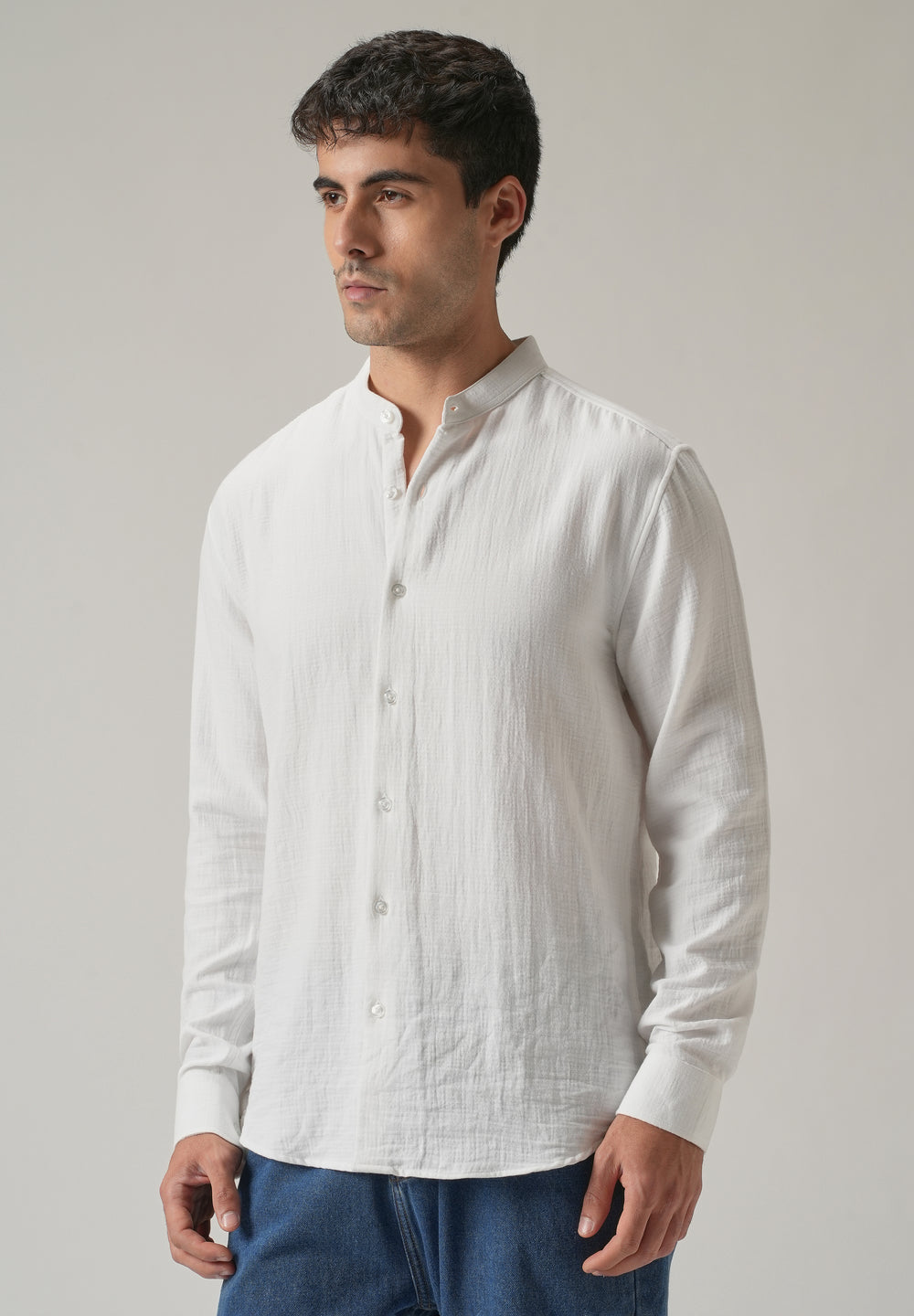 White Plain Mandarin Collar Cotton Shirt