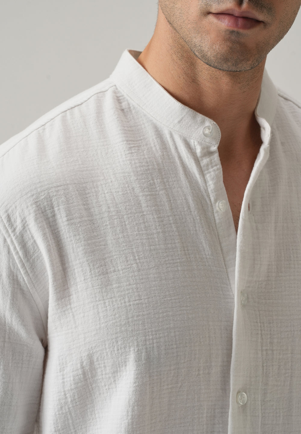 White Plain Mandarin Collar Cotton Shirt