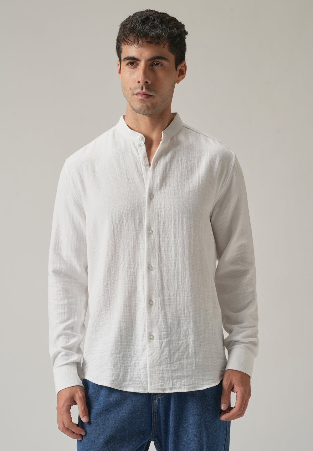 White Plain Mandarin Collar Cotton Shirt