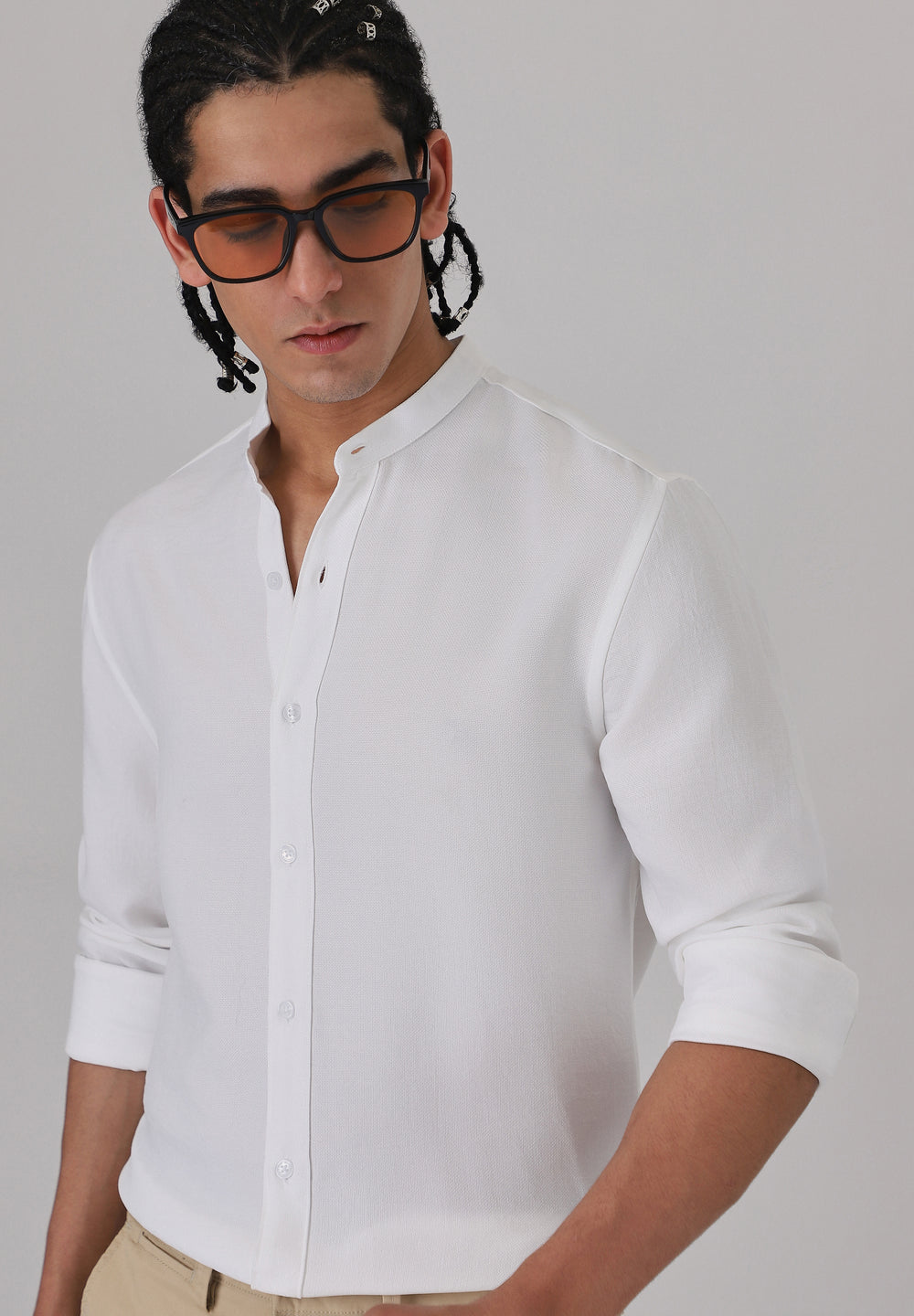 White Plain Mandarin Collar Shirt