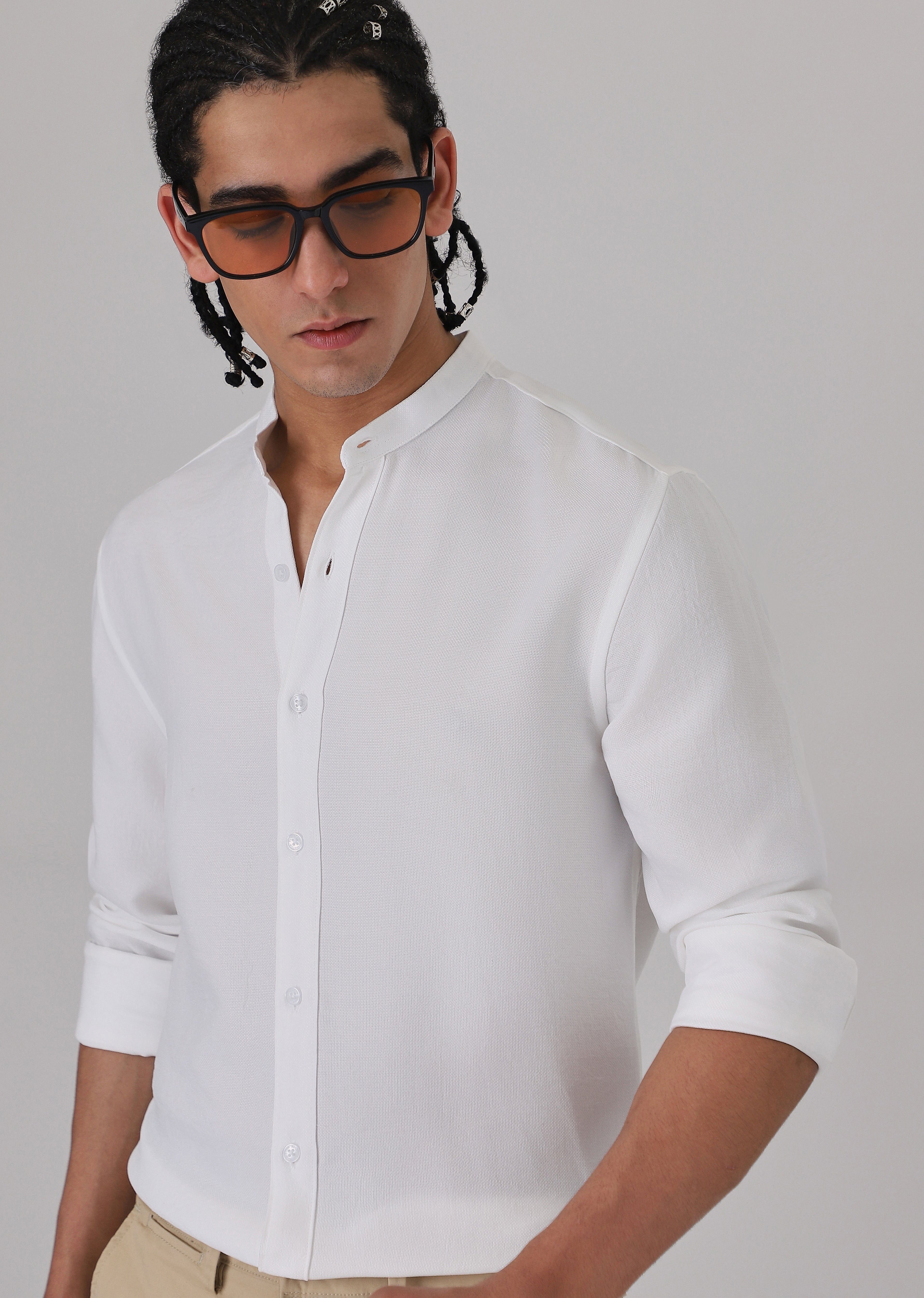 White Plain Mandarin Collar Shirt