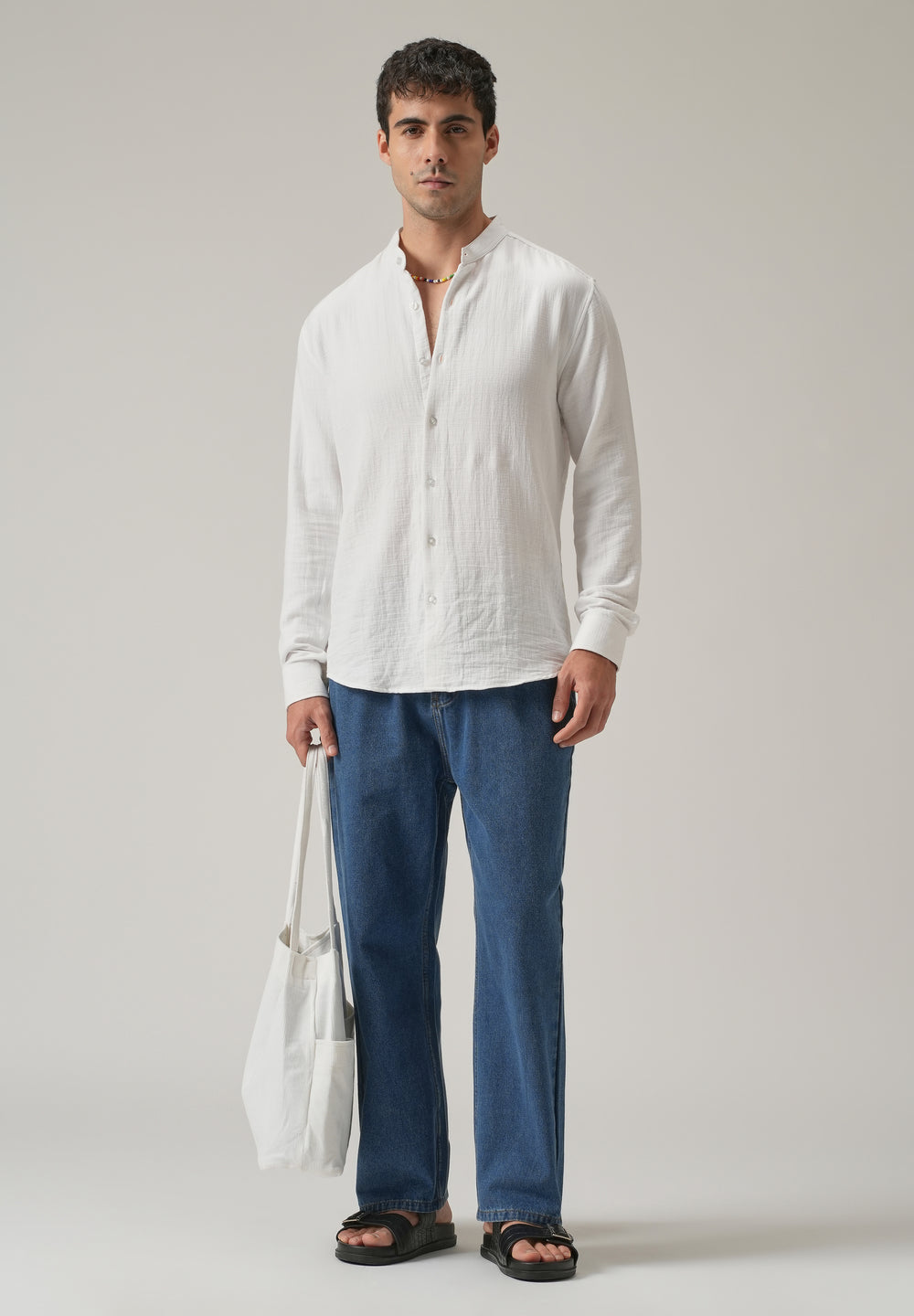 White Plain Mandarin Collar Cotton Shirt