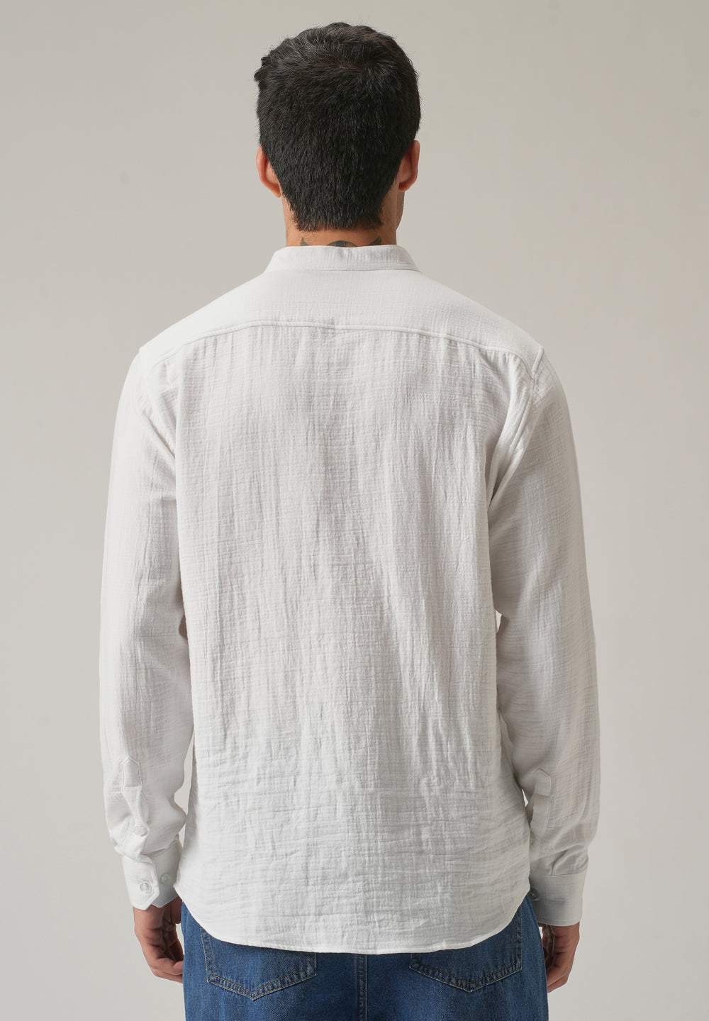 White Plain Mandarin Collar Cotton Shirt