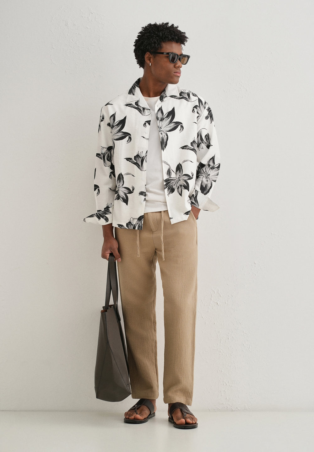 White Monochrome Lily Floral Printed Shirt
