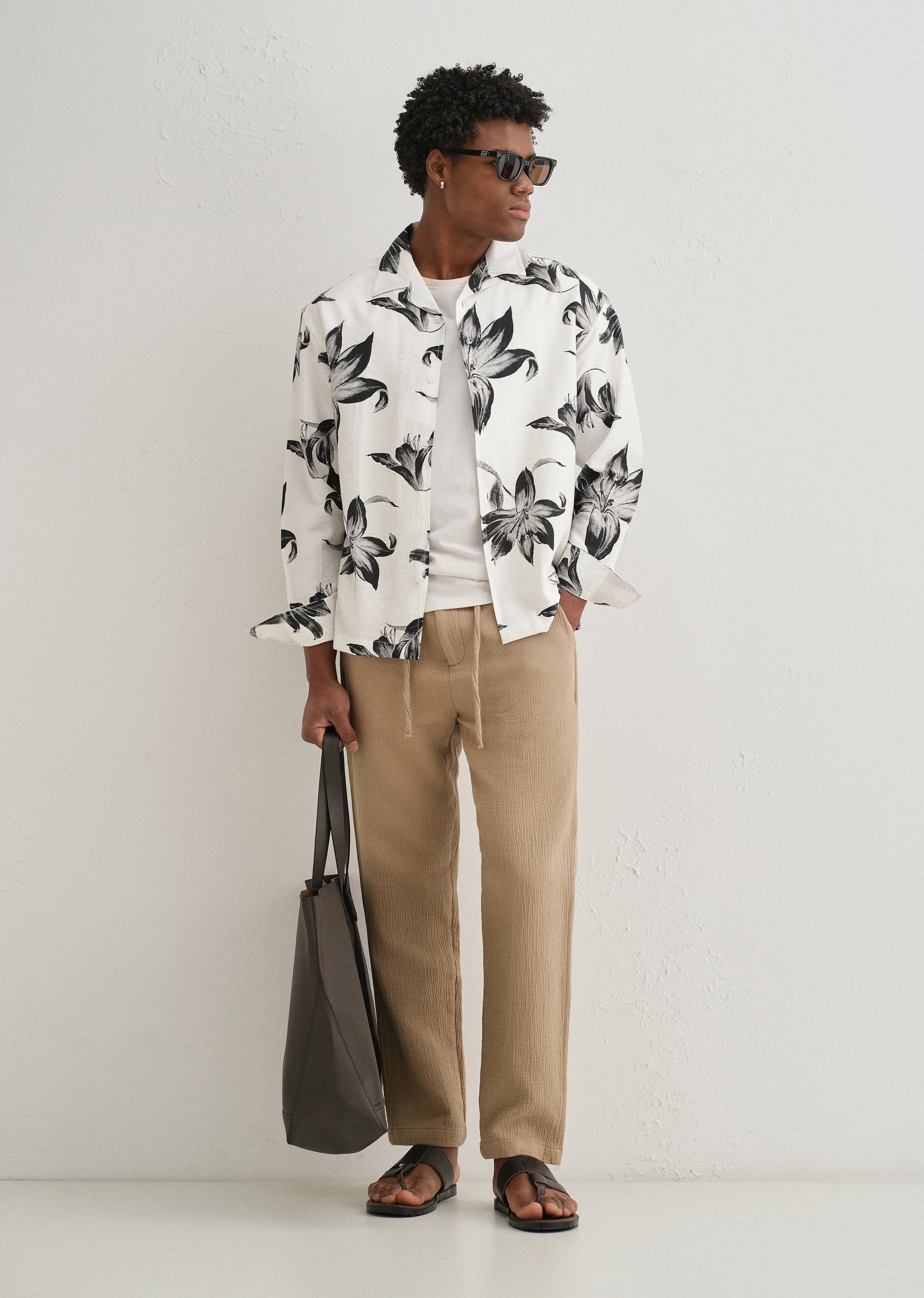 White Monochrome Lily Floral Printed Shirt