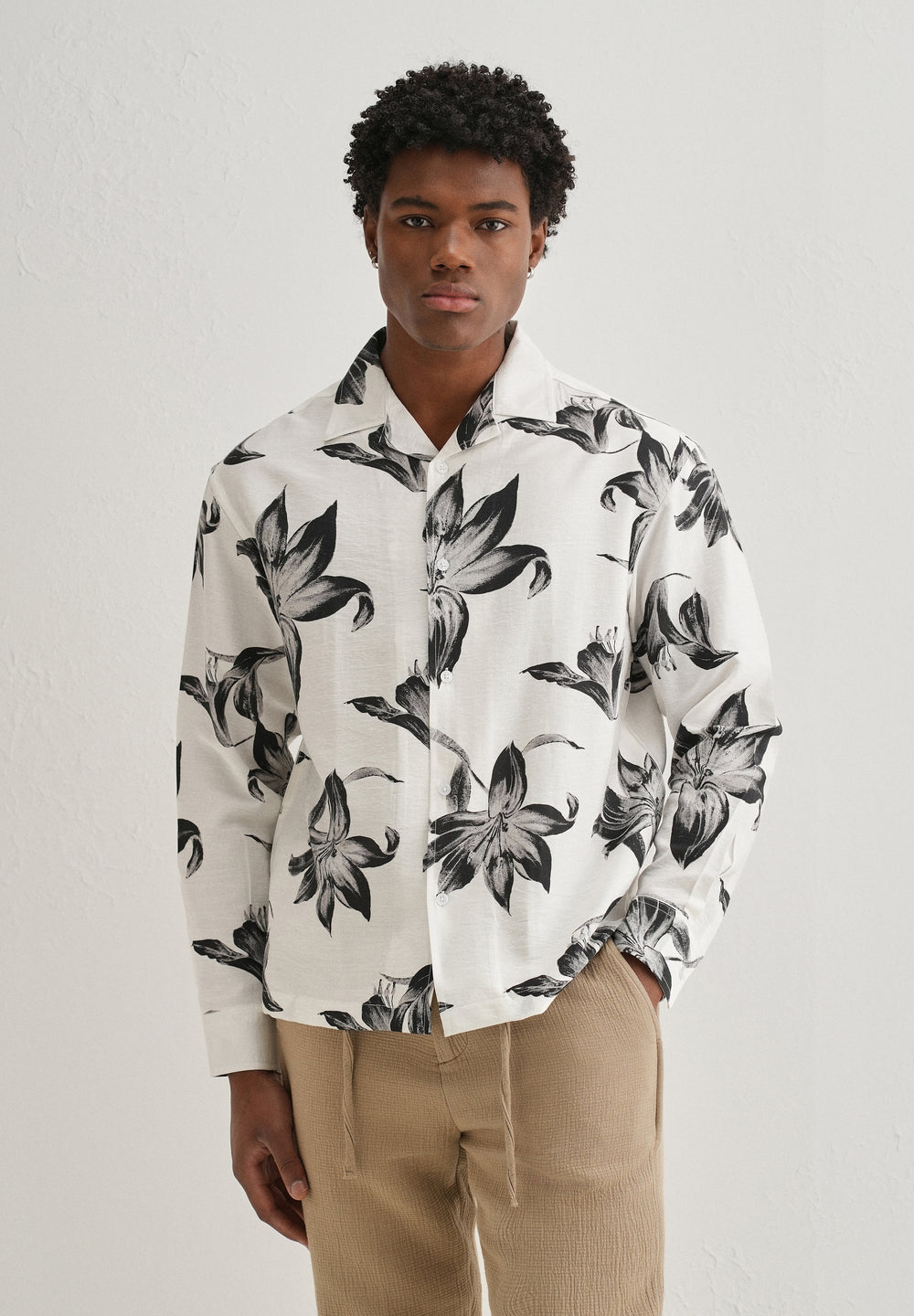 White Monochrome Lily Floral Printed Shirt