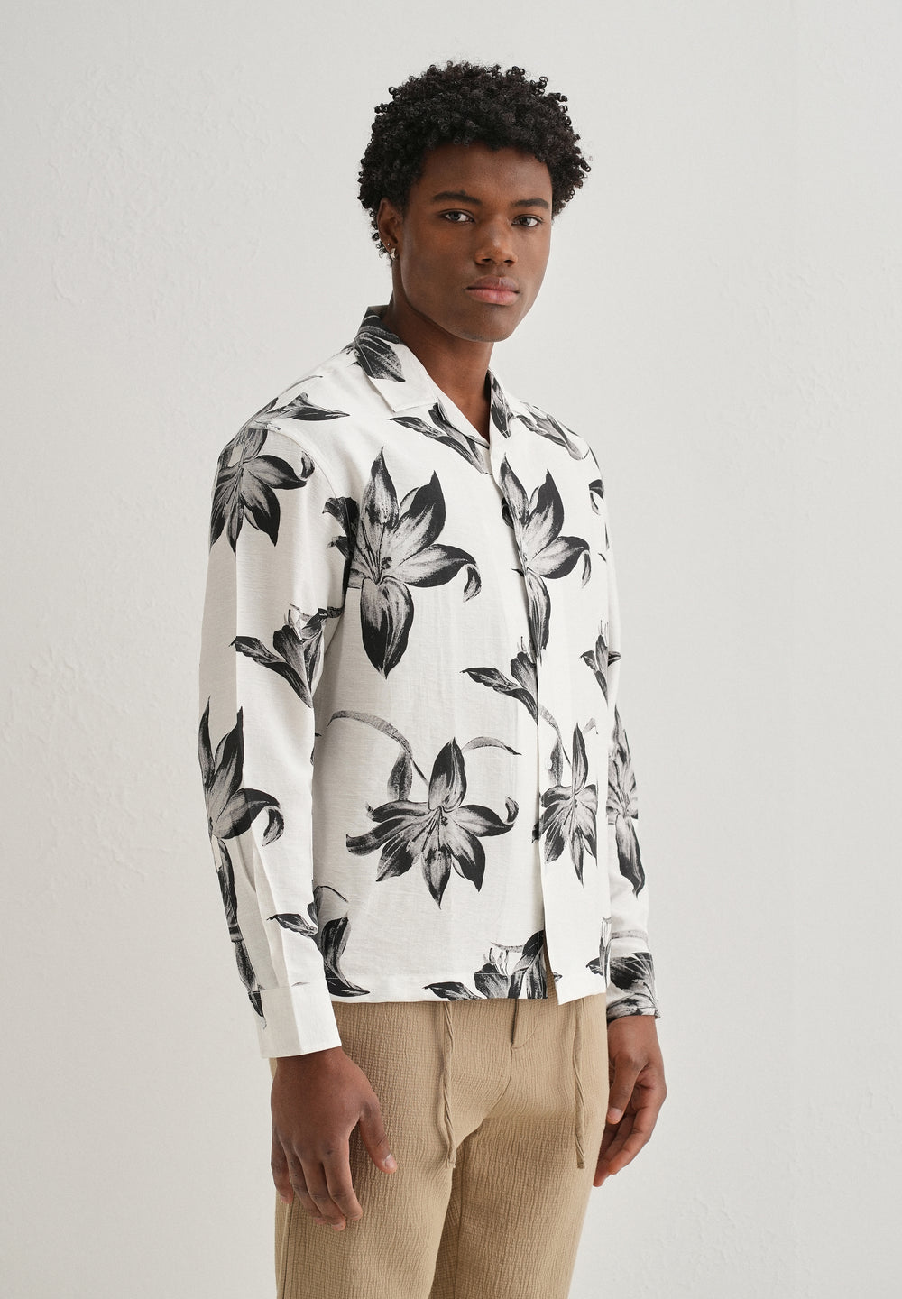 White Monochrome Lily Floral Printed Shirt