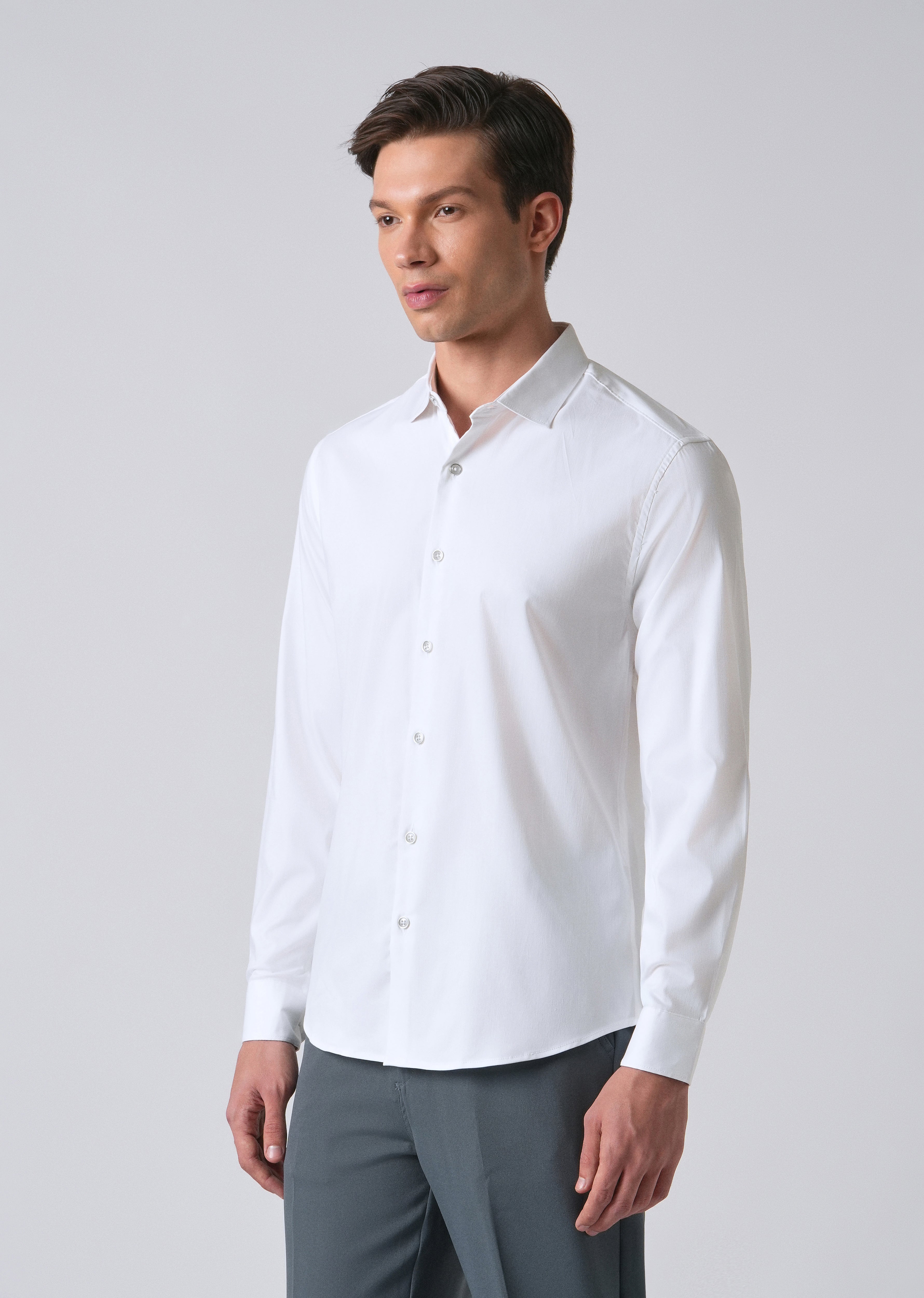 White Cotton Stretch Plain Shirt