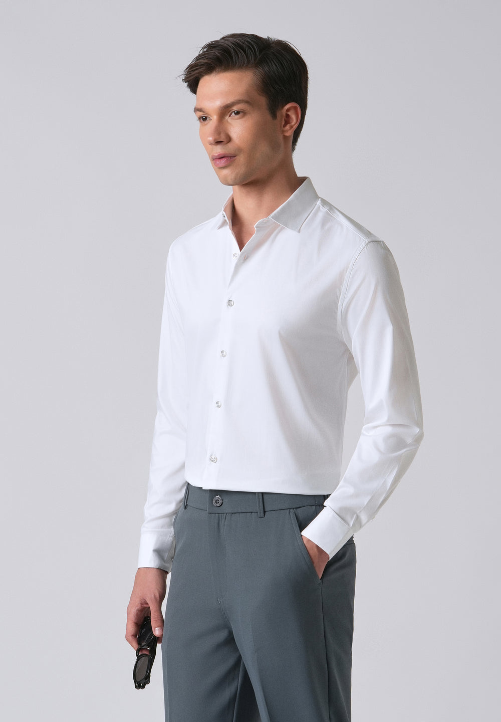 White Cotton Stretch Plain Shirt