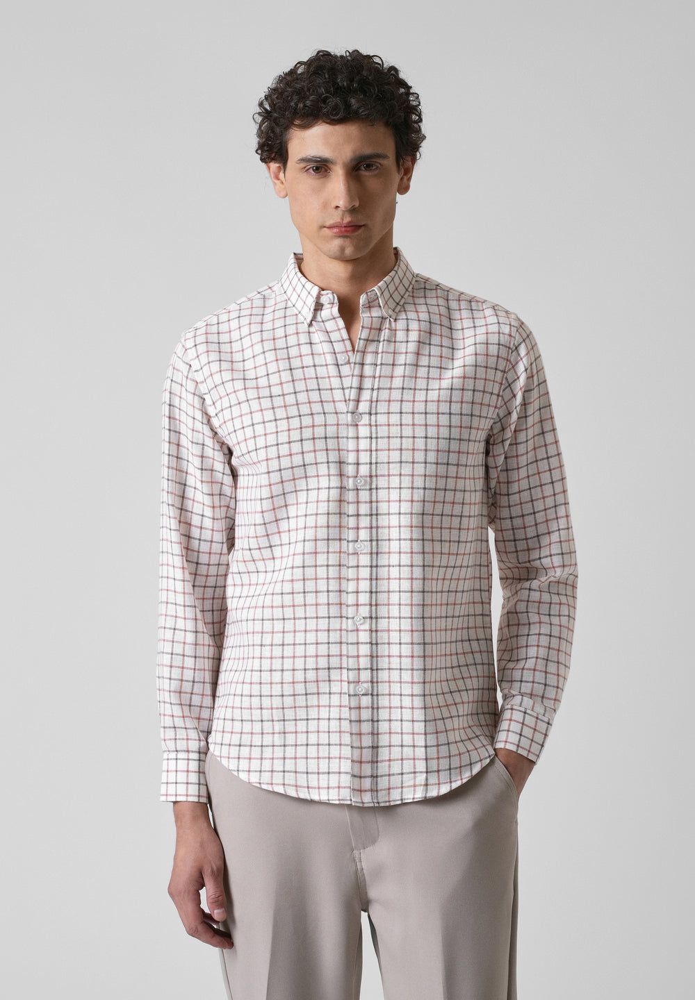 White Red Blended Cotton Check Shirt