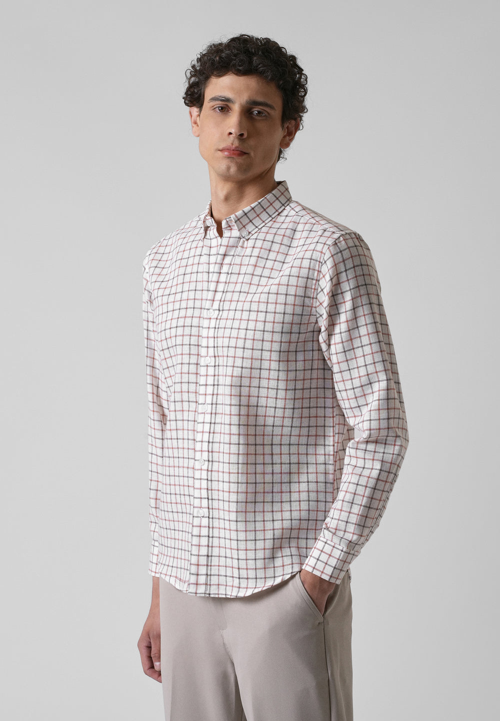 White Red Blended Cotton Check Shirt