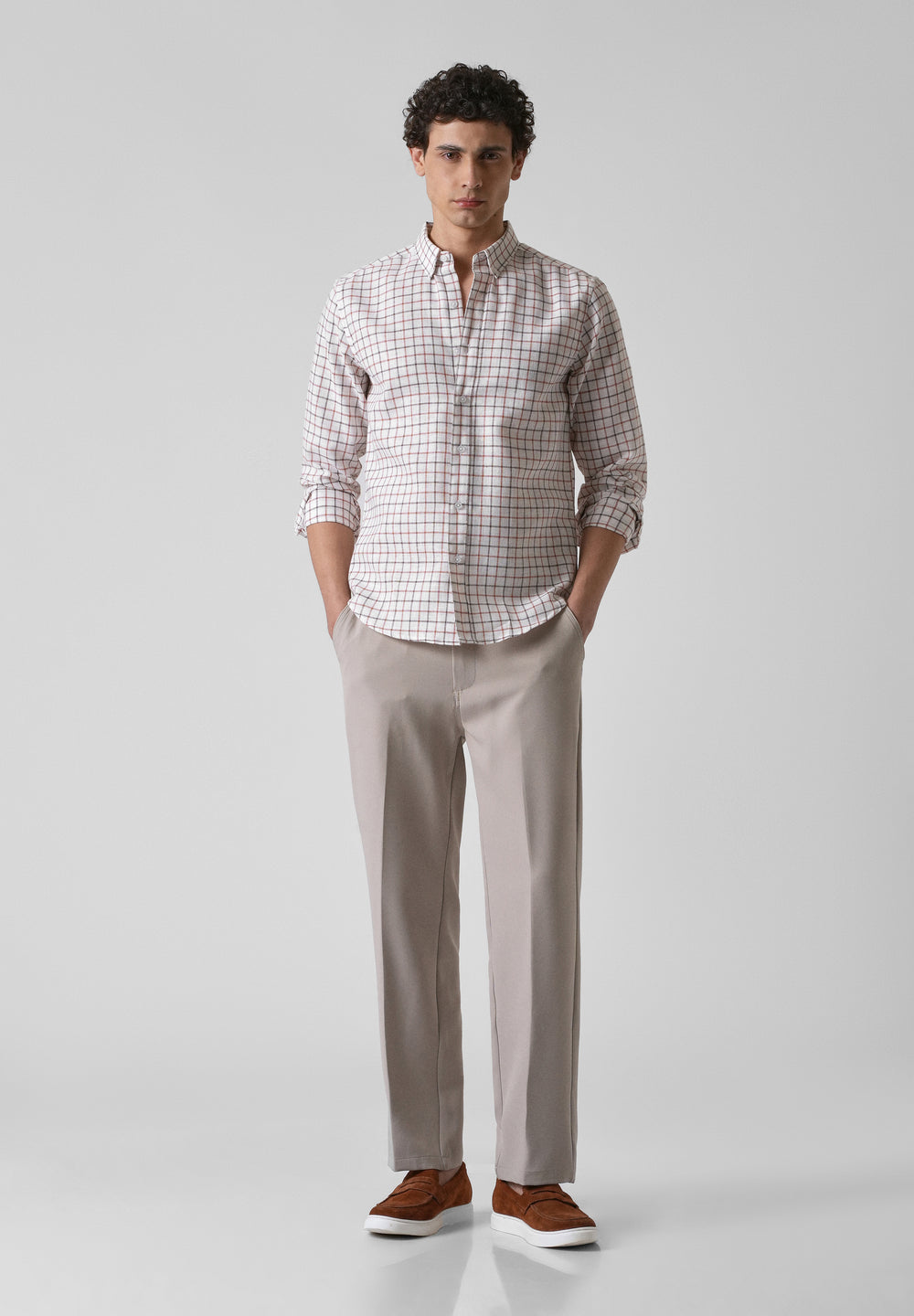 White Red Blended Cotton Check Shirt