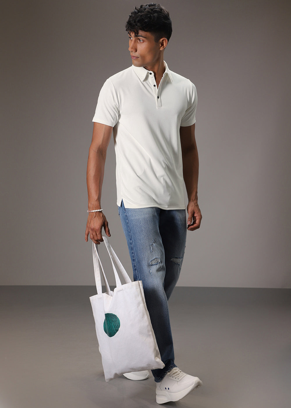 White Ribbed Polo T-shirt