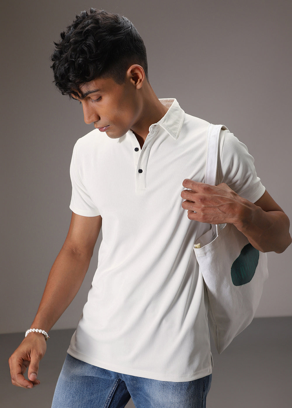 White Ribbed Polo T-shirt