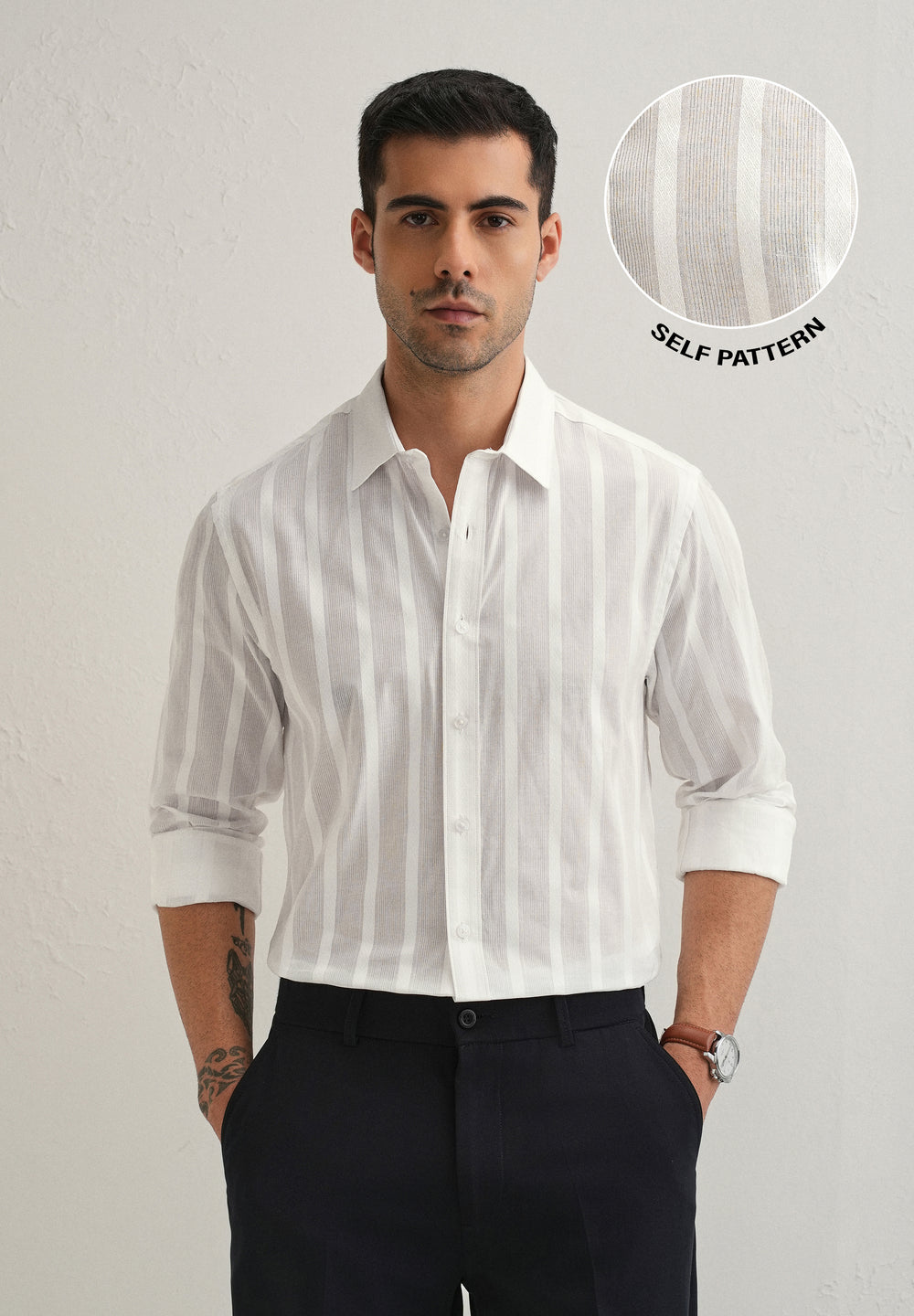 White Self Pattern Blended Cotton Shirt
