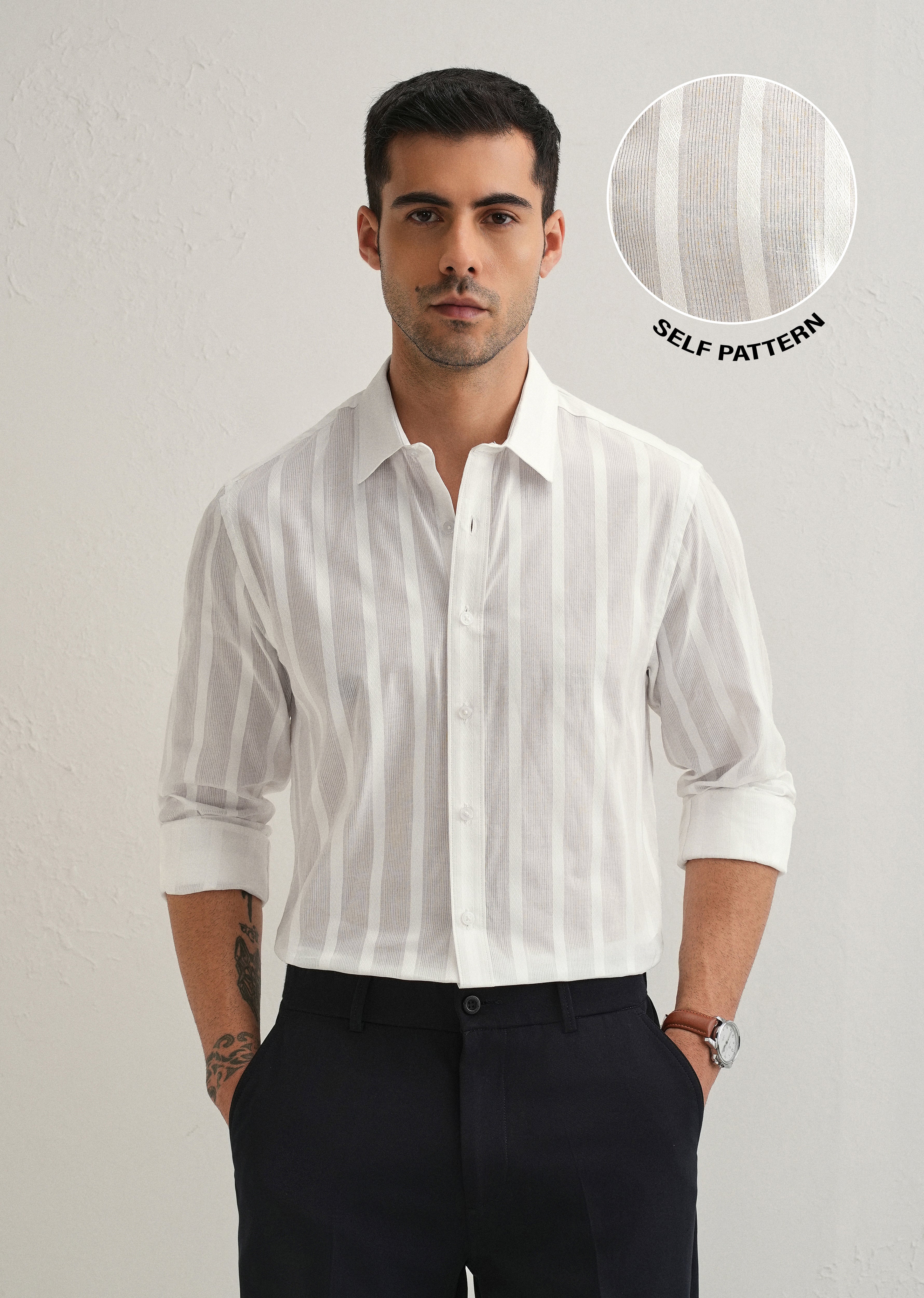 White Self Pattern Blended Cotton Shirt