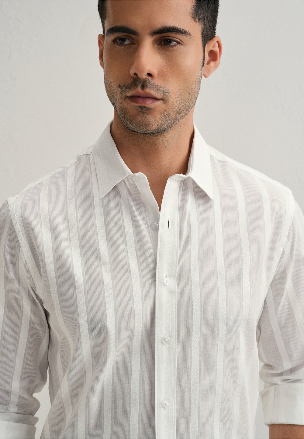White Self Pattern Blended Cotton Shirt