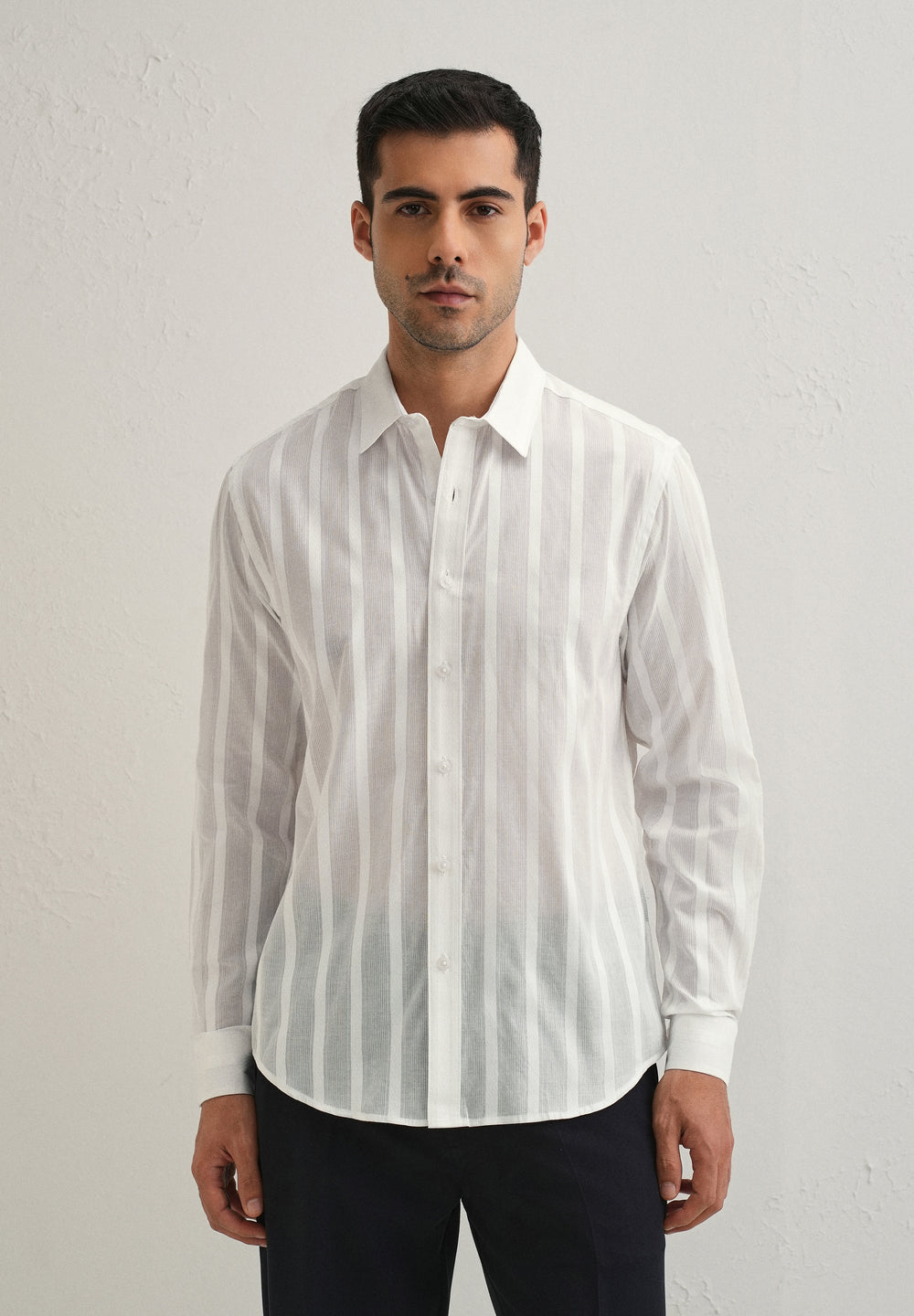 White Self Pattern Blended Cotton Shirt