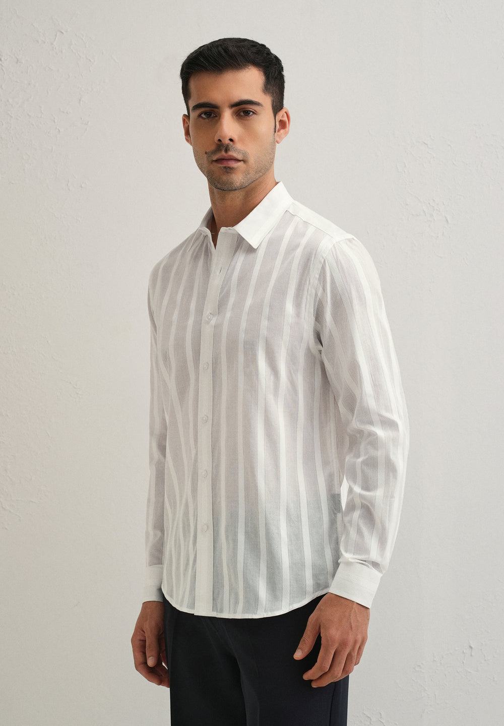 White Self Pattern Blended Cotton Shirt