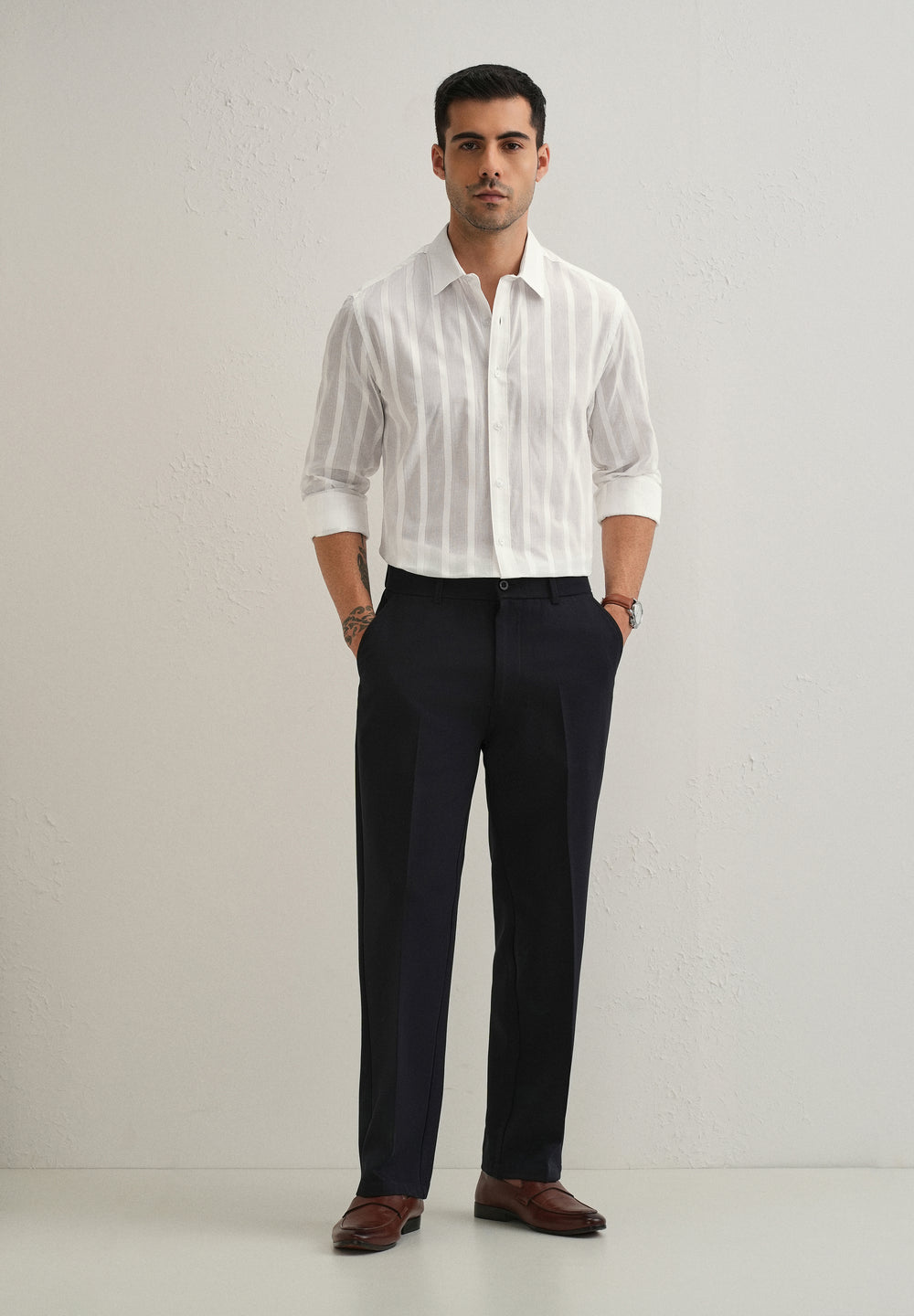 White Self Pattern Blended Cotton Shirt