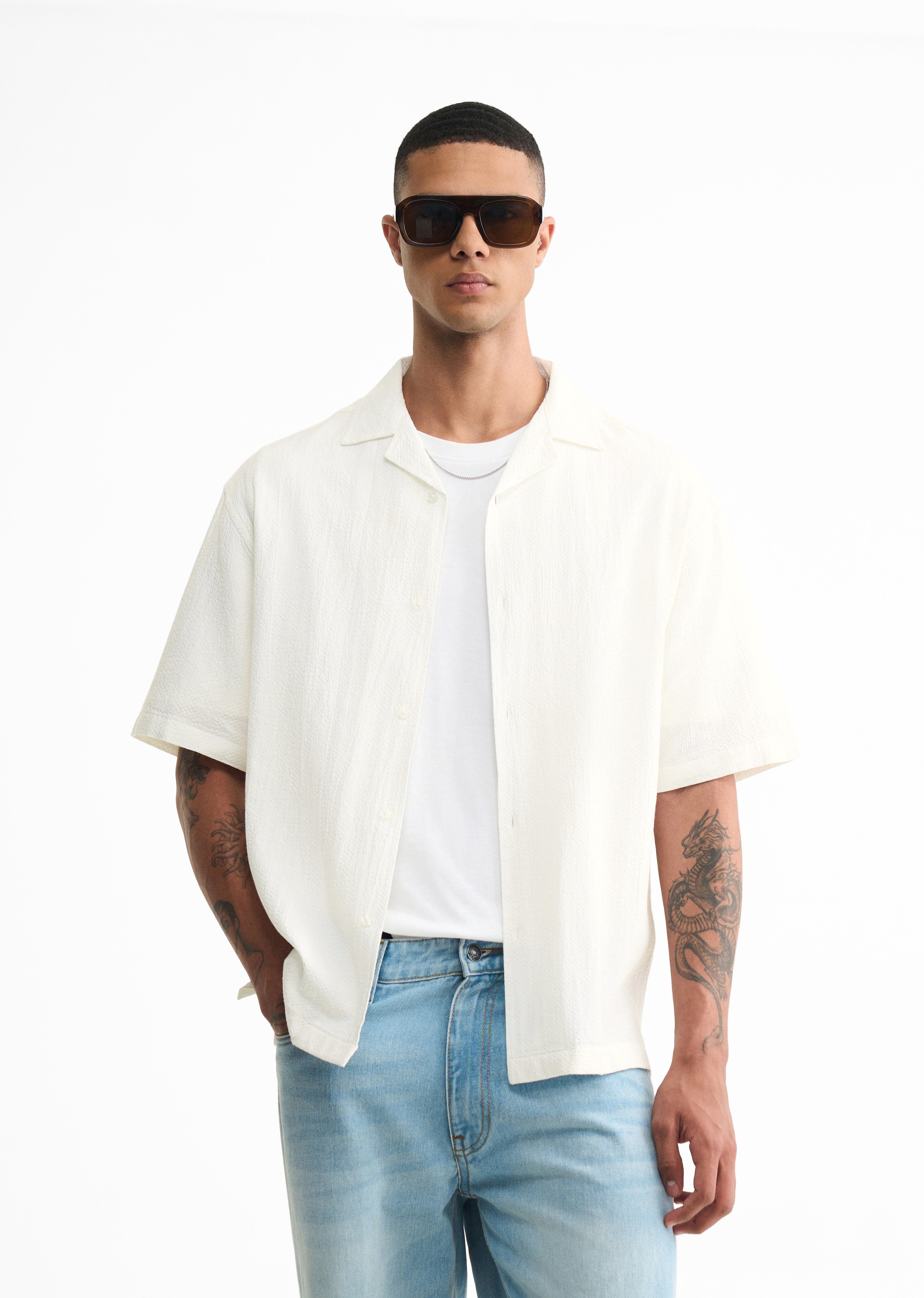 White Self Patterned Boxy Shirt